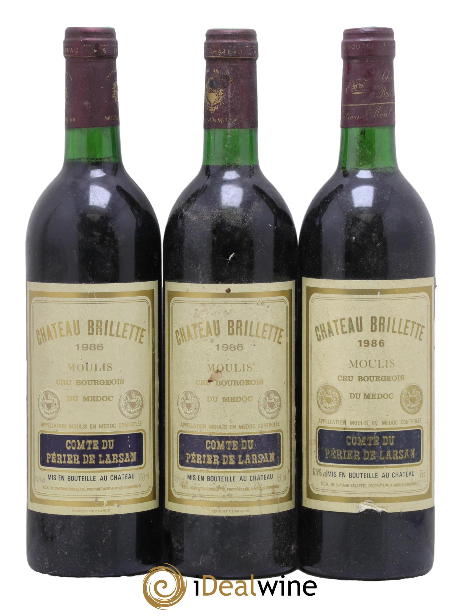 Château Brillette Cru Bourgeois 1986 - Lotto di 3 bottiglie - 0