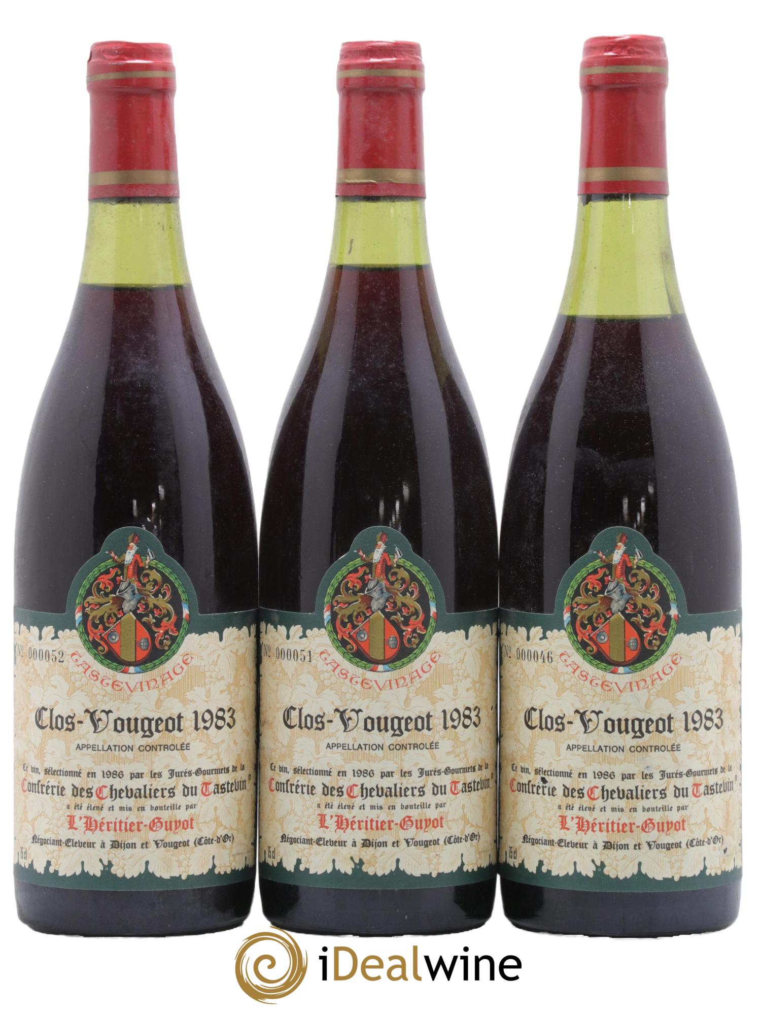Clos de Vougeot Grand Cru Tastevinage L Heritier Guyot 1983 - Lot de 3 bouteilles - 0