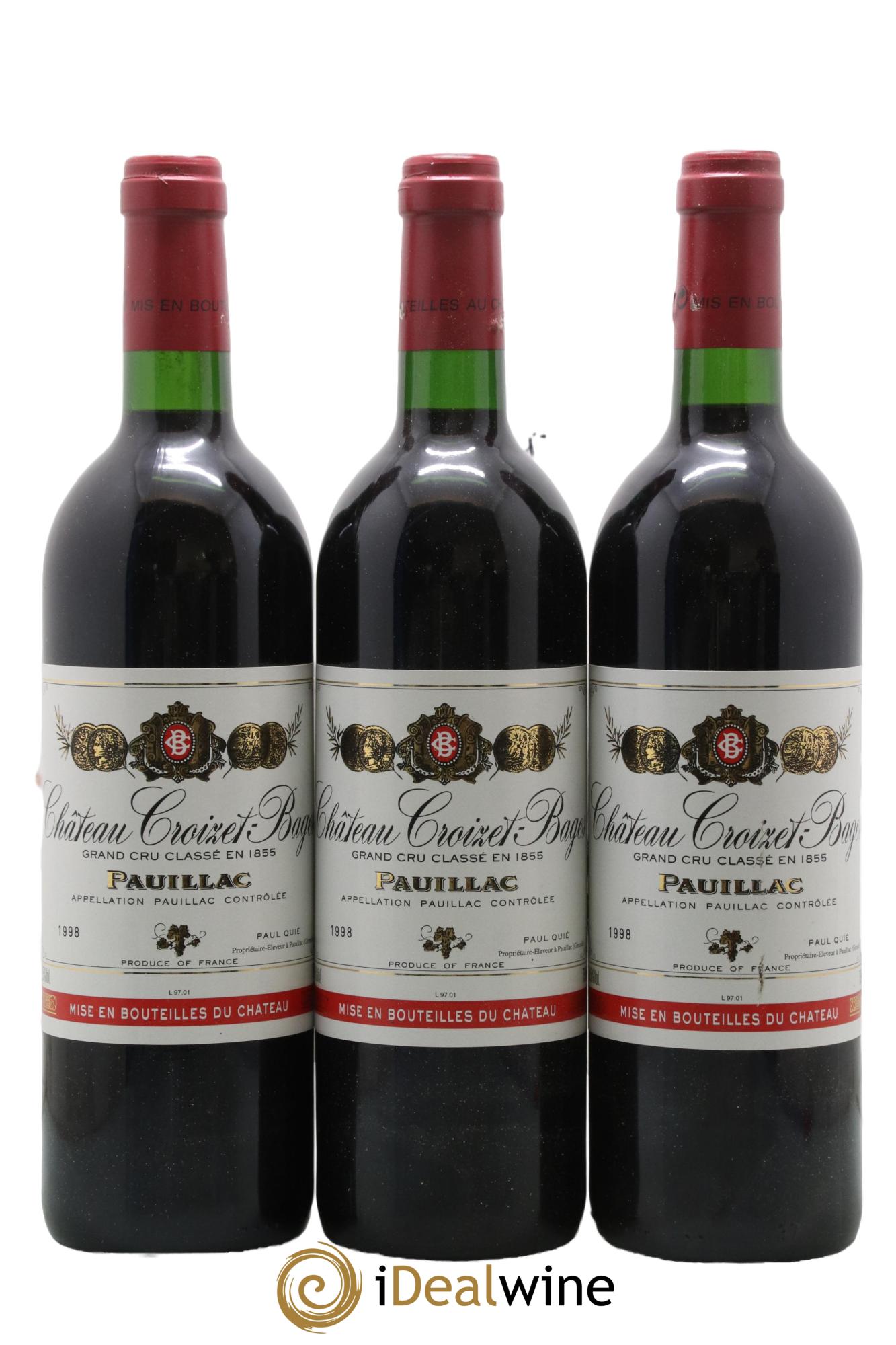 Château Croizet Bages 5ème Grand Cru Classé 1998 - Lot de 3 bouteilles - 0