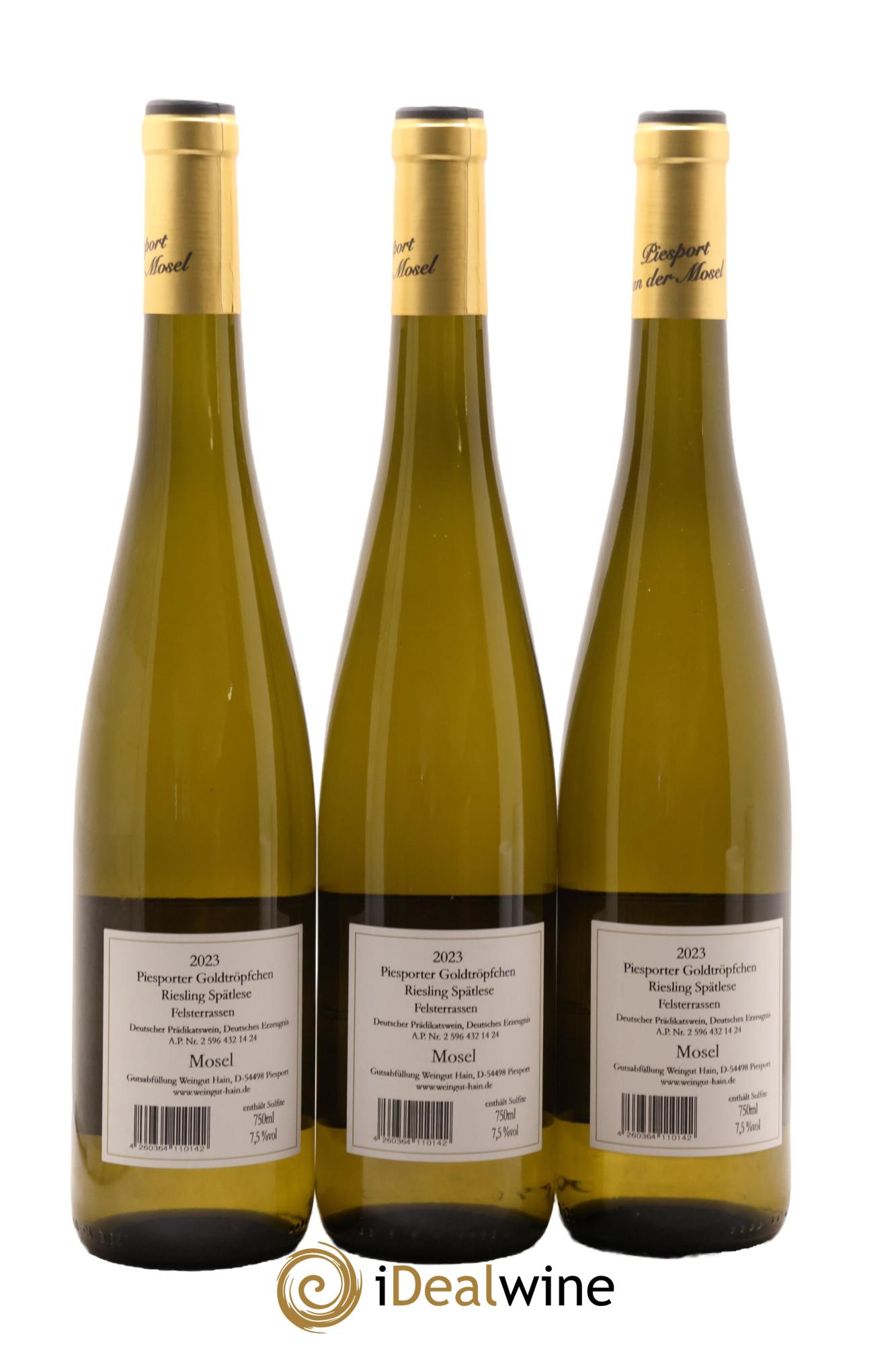 Allemagne Mosel-Saar Piesporter Goldtropfchen Riesling Spatlese Felsterrassen Kurt Hain 2023 - Lot de 3 bouteilles - 1