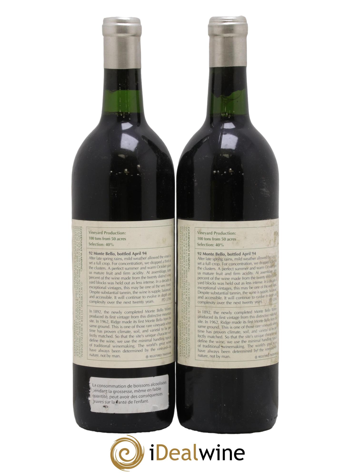 Santa Cruz Mountains Monte Bello Ridge Vineyards 1992 - Lot of 2 bottles - 1