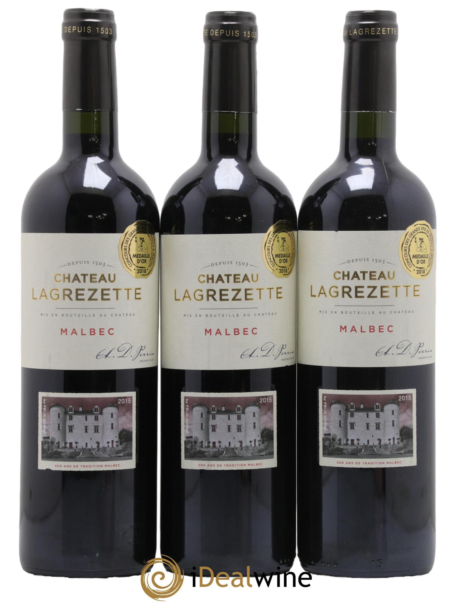 Cahors Château Lagrezette Alain Dominique Perrin 2015 - Lot de 3 bouteilles - 0