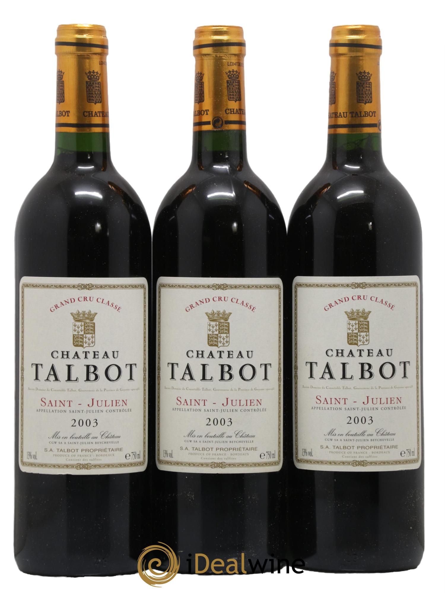Château Talbot 4ème Grand Cru Classé 2003 - Lot de 3 bouteilles - 0