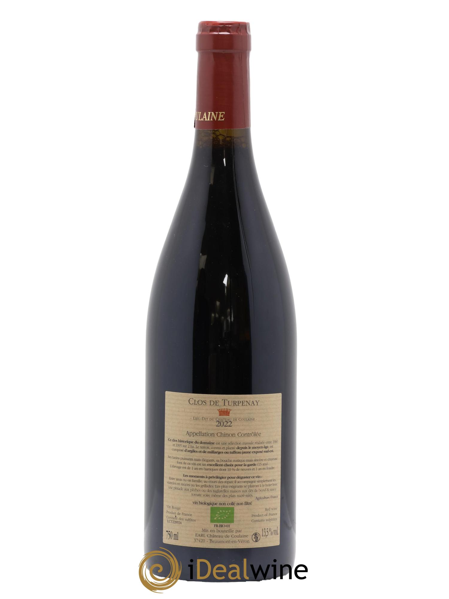 Chinon Château De Coulaine Clos De Turpenay 2022 - Lot de 1 bouteille - 1