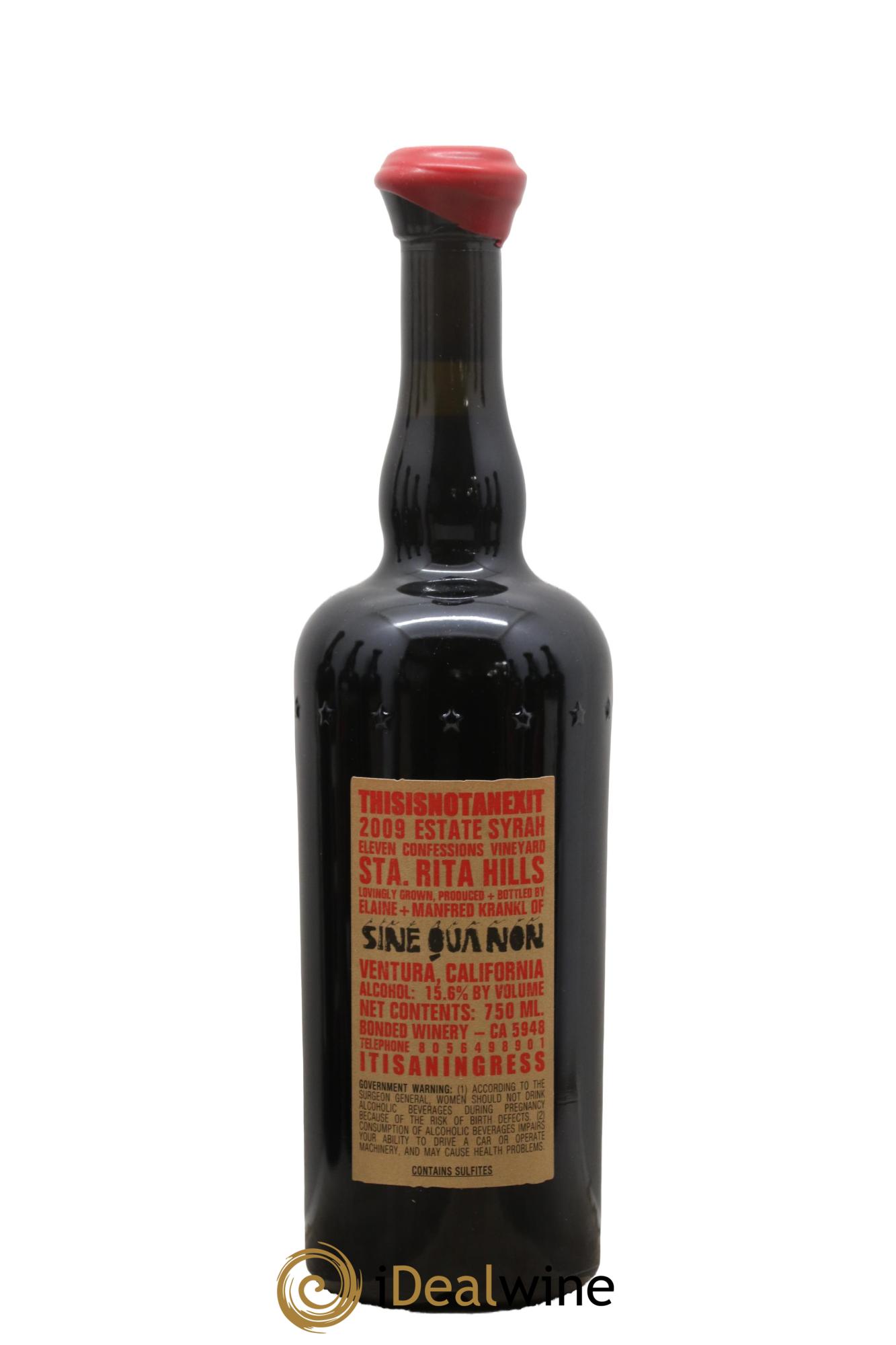 USA Santa Rita Hills Eleven Confessions This is Not An Exit Syrah Sine Qua Non 2009 - Lot de 1 bouteille - 1