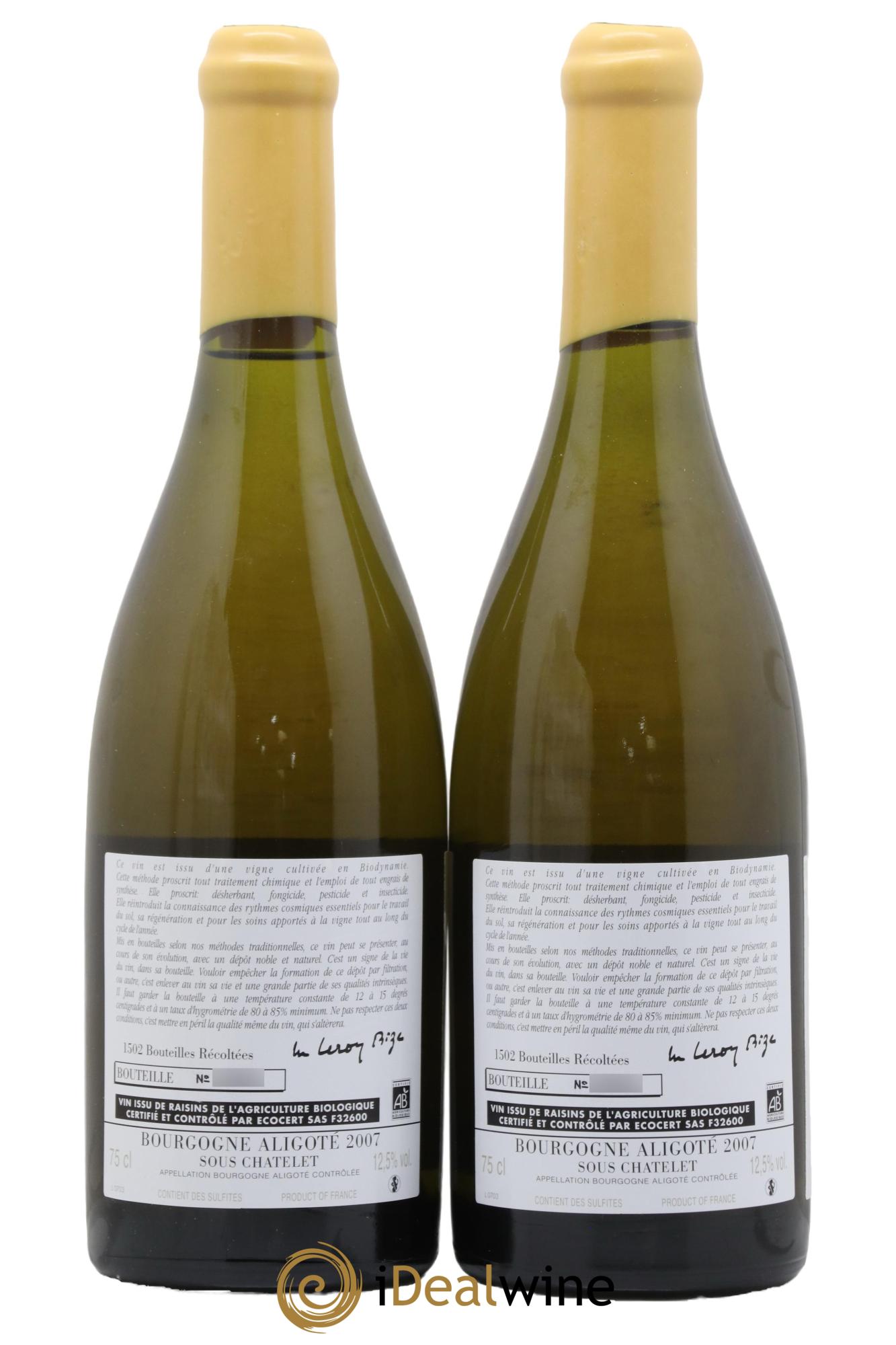 Bourgogne Aligoté Sous Chatelet d'Auvenay (Domaine) 2007 - Lotto di 2 bottiglie - 1