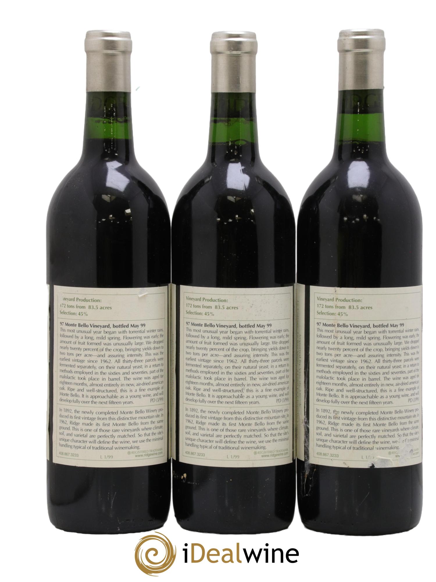 Santa Cruz Mountains Monte Bello Ridge Vineyards 1997 - Lot of 3 bottles - 1