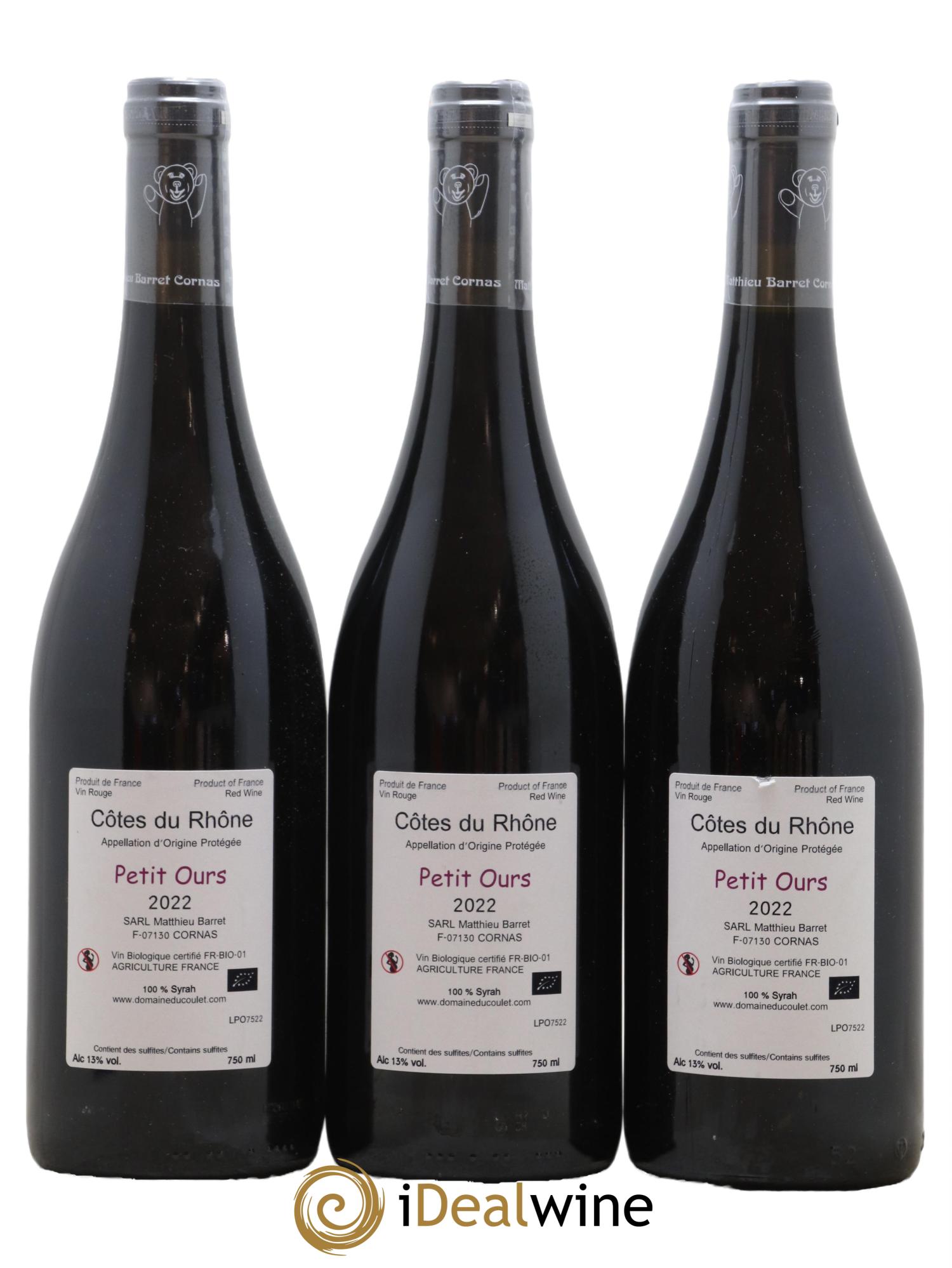 Côtes-du-Rhône Petit Ours Brun Coulet (Domaine du) - Matthieu Barret 2022 - Lotto di 3 bottiglie - 1