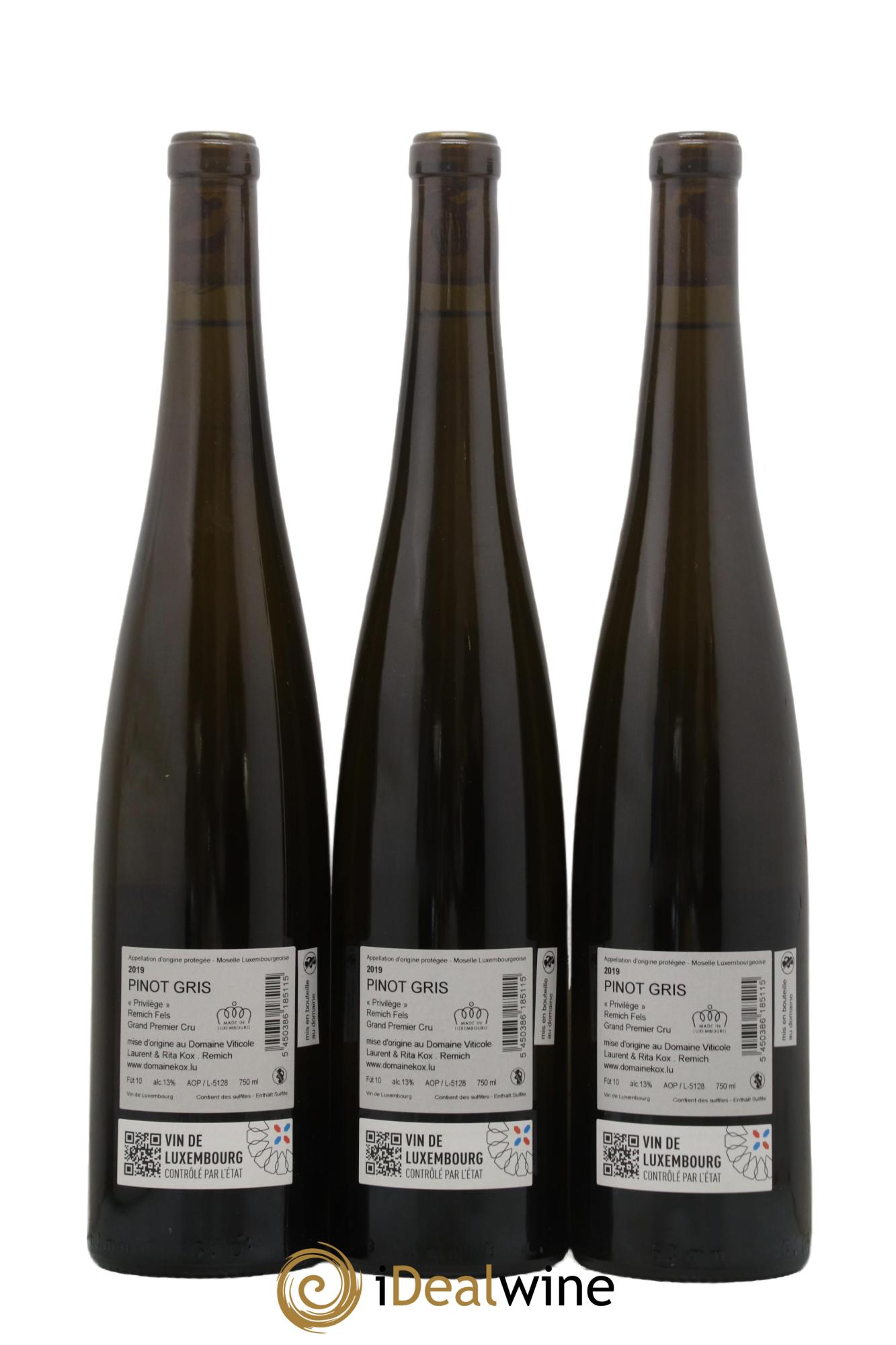 Vins Etrangers Luxembourg - Moselle - Pinot Gris Privilège Remich Fels Grand Premier Cru L&R KOX 2019 - Lot de 3 bouteilles - 1
