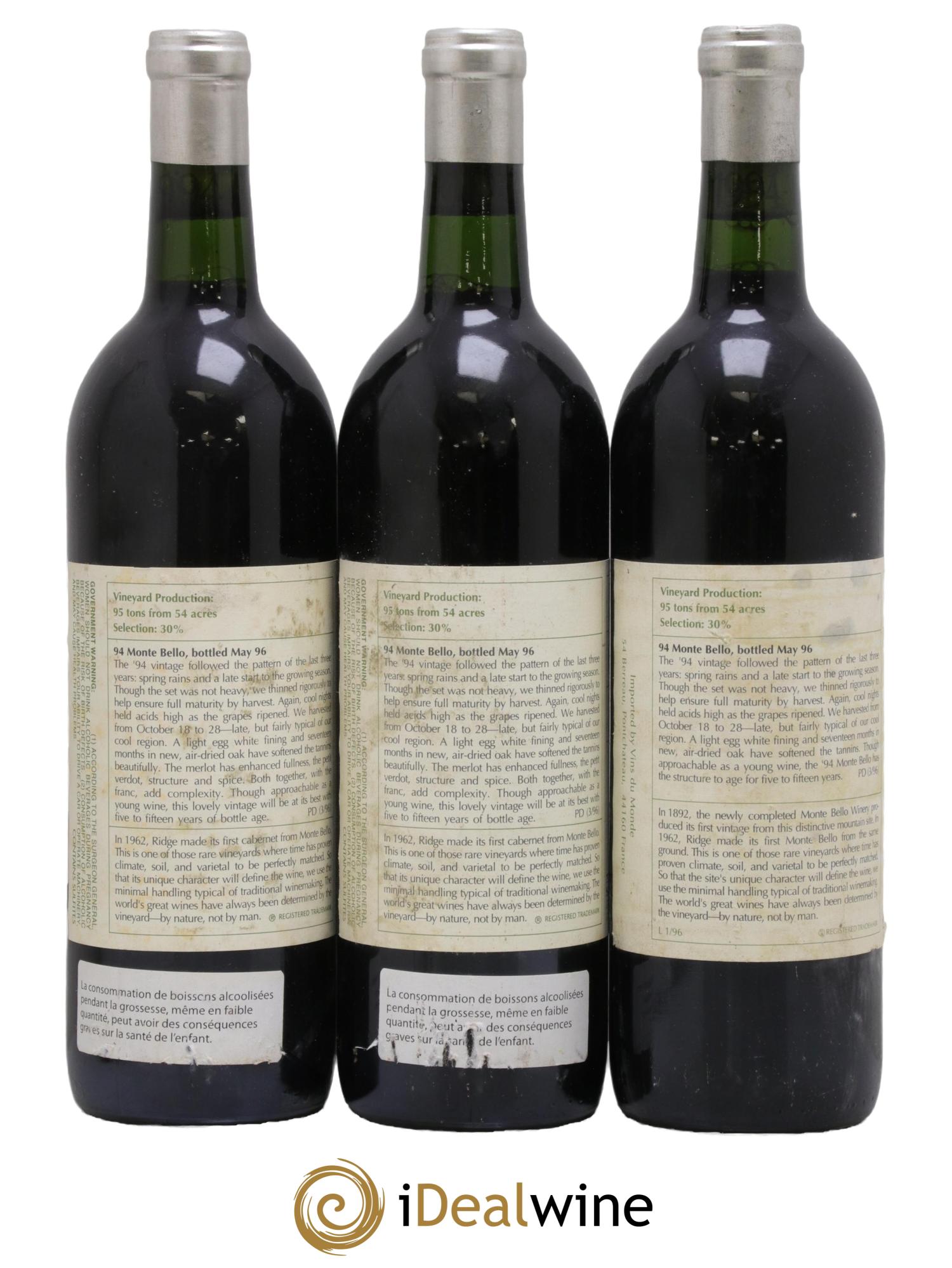 Santa Cruz Mountains Monte Bello Ridge Vineyards 1994 - Lot de 3 bouteilles - 1