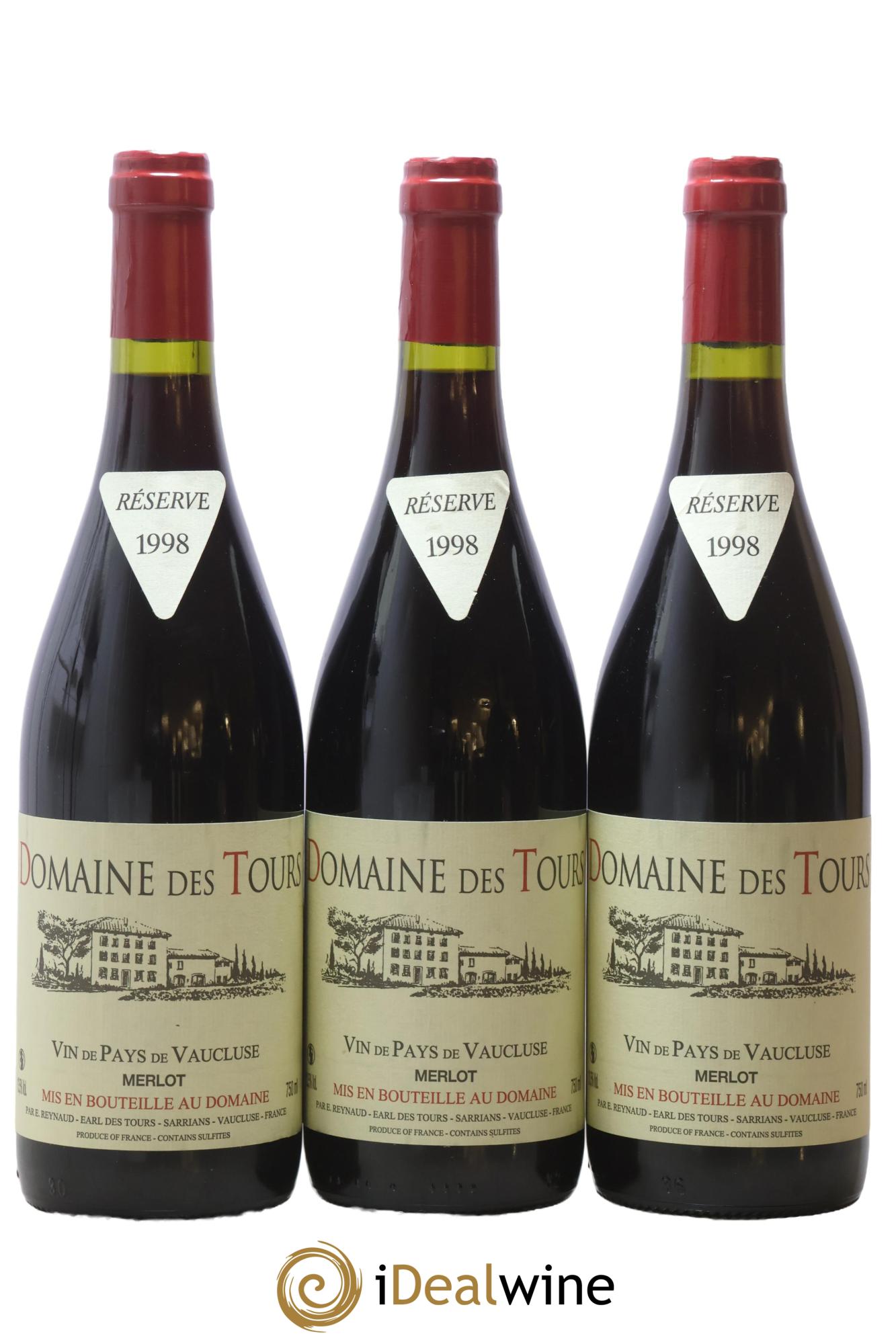 IGP Pays du Vaucluse (Vin de Pays du Vaucluse) Domaine des Tours Merlot Emmanuel Reynaud 1998 - Lot of 3 bottles - 0