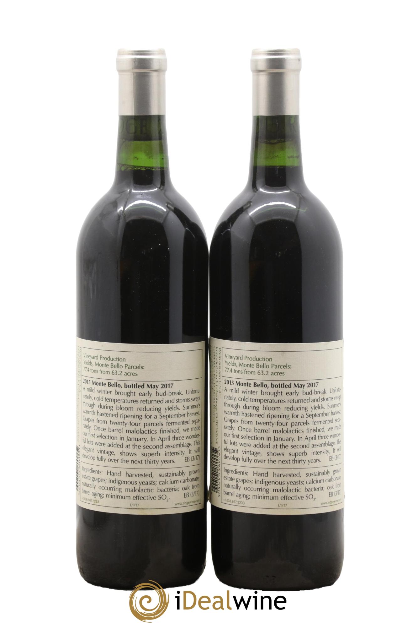 Santa Cruz Mountains Monte Bello Ridge Vineyards 2015 - Lotto di 2 bottiglie - 1