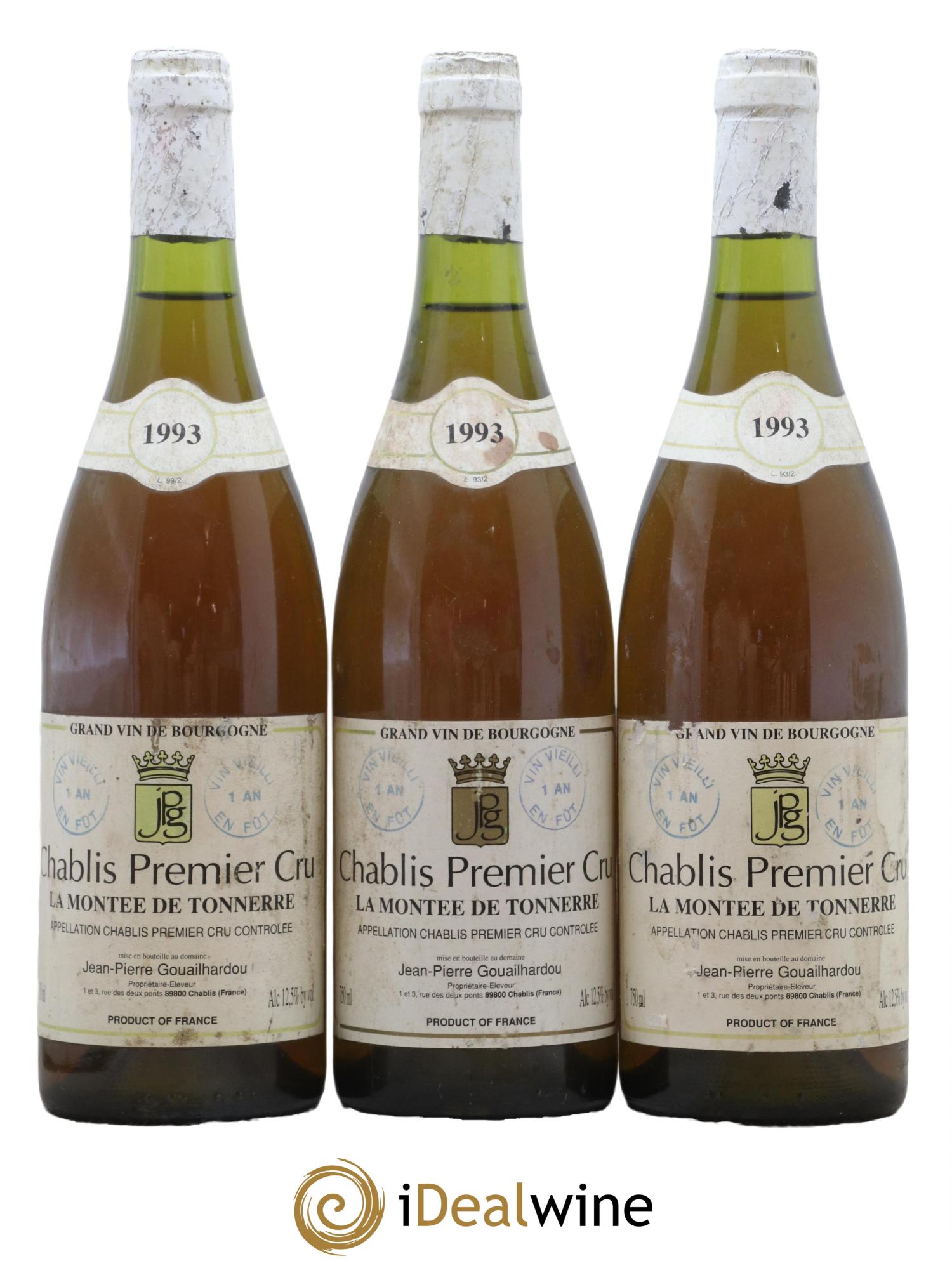 Chablis 1er Cru Montee de Tonnerre Domaine Jean Pierre Gouailhardou 1993 - Lot de 3 bouteilles - 0