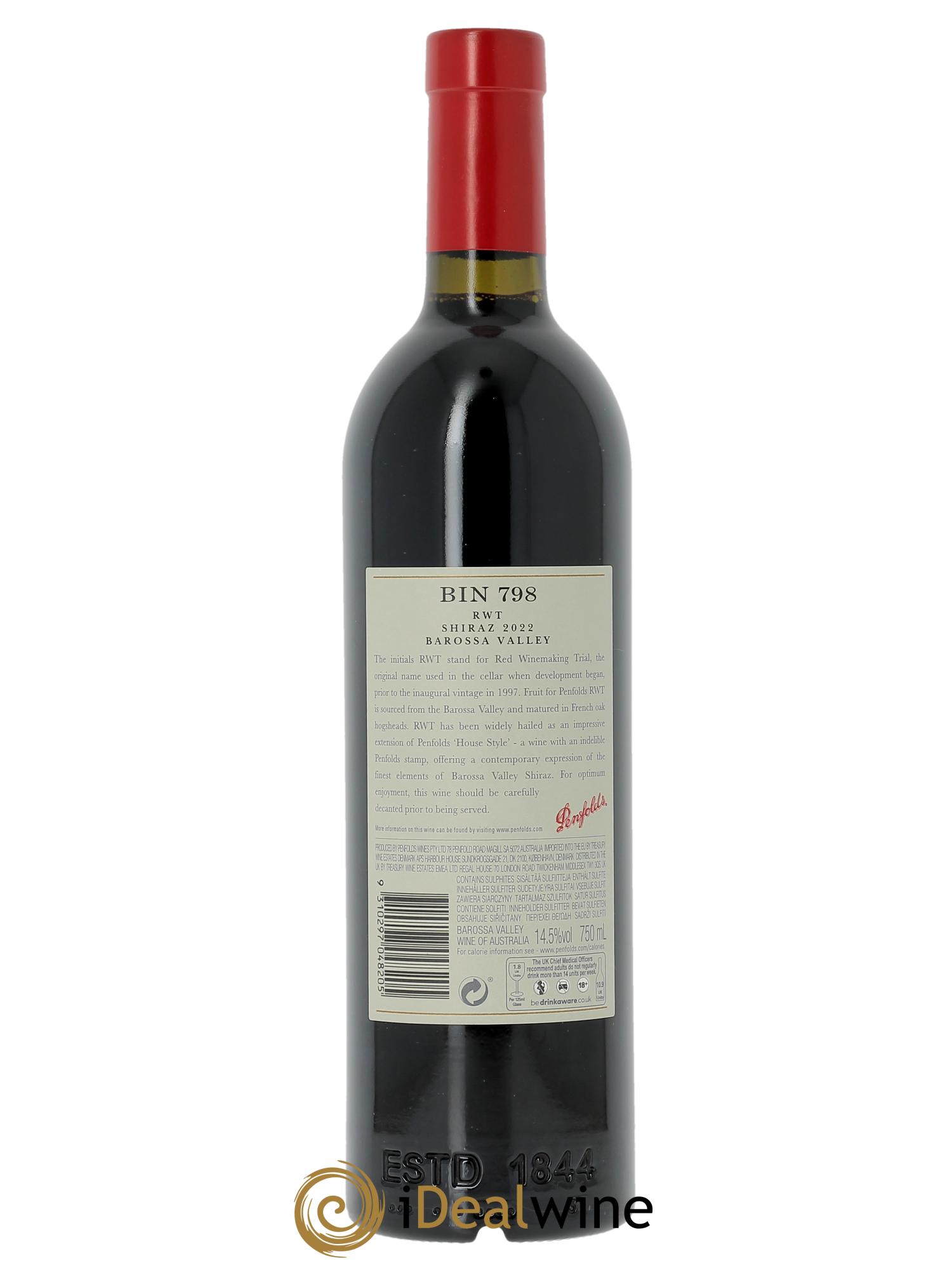 Barossa Valley Penfolds Wines RWT Bin 798 Shiraz (CBO à partir de 6 bts) 2022 - Lot de 1 bouteille - 1