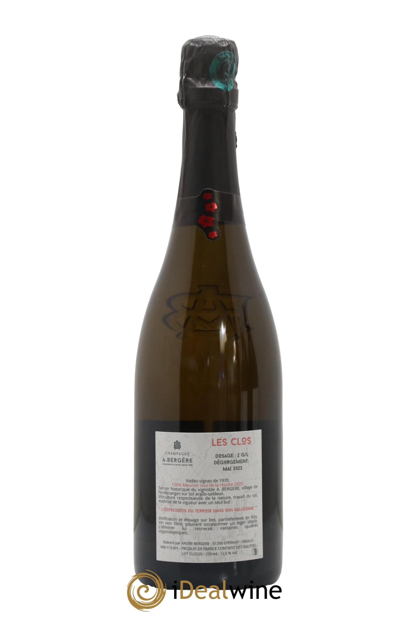 Champagne Extra-Brut Les Clos Adrien Bergère 2020 - Lot de 1 bouteille - 1