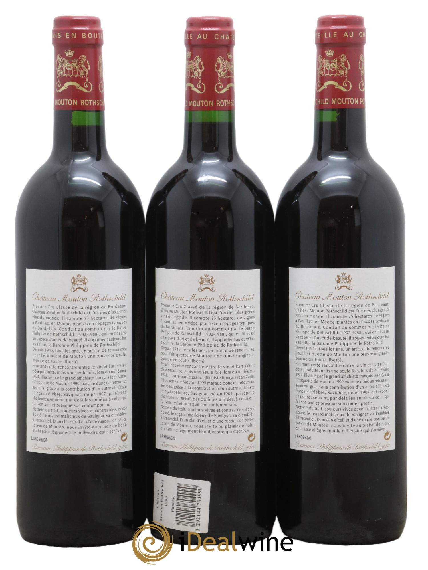 Château Mouton Rothschild 1er Grand Cru Classé 1999 - Lot de 3 bouteilles - 1