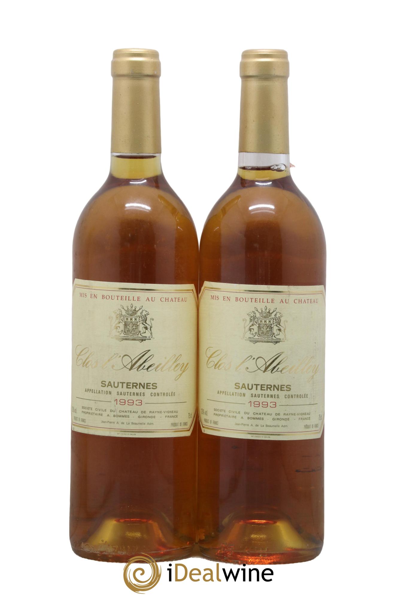 Sauternes Clos L'Abeilley 1993 - Posten von 2 Flaschen - 0