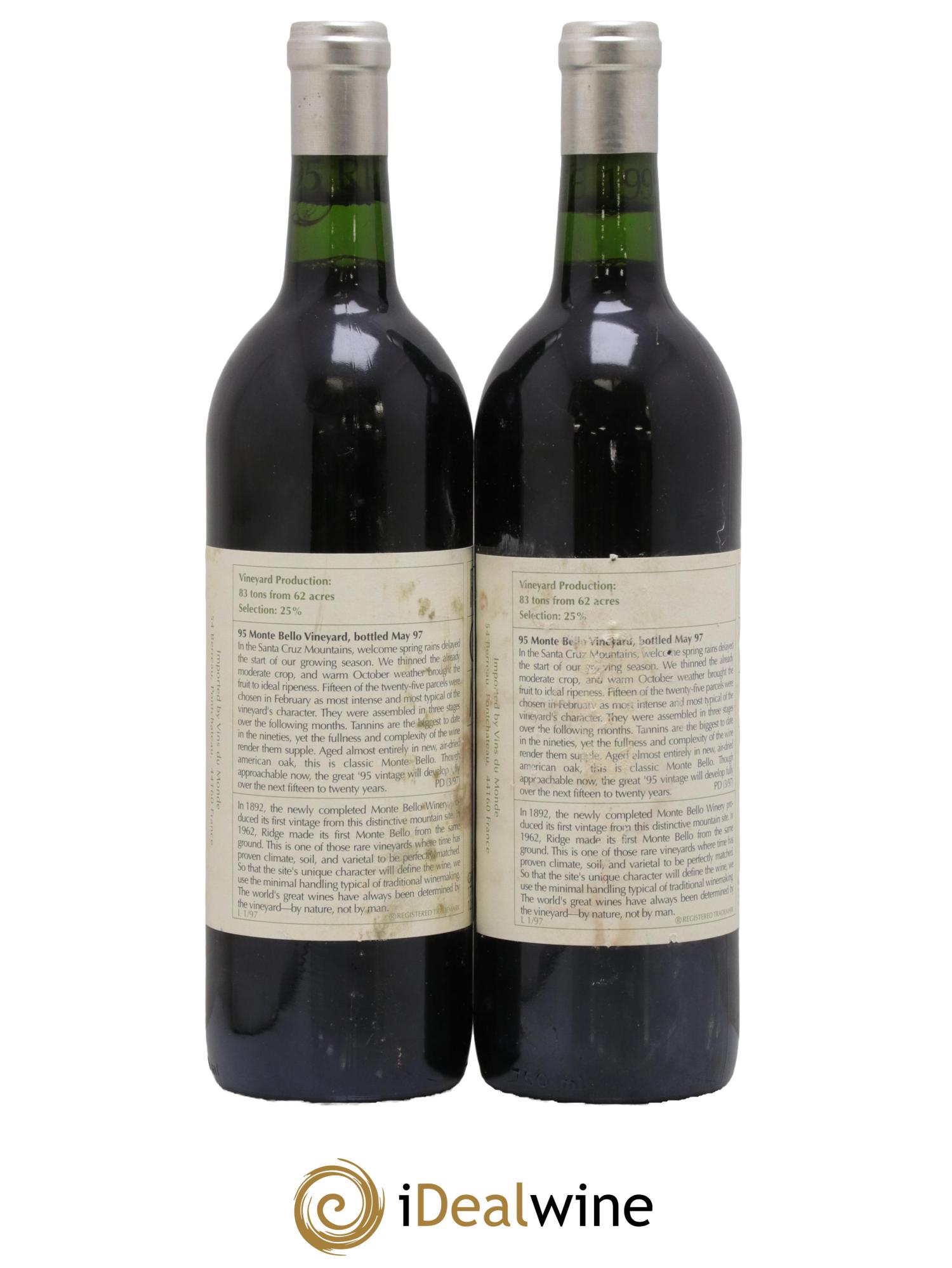 Santa Cruz Mountains Monte Bello Ridge Vineyards 1995 - Lot de 2 bouteilles - 1