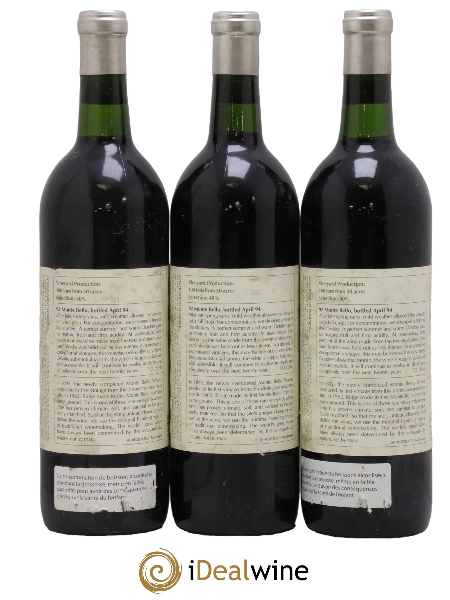 Santa Cruz Mountains Monte Bello Ridge Vineyards 1992 - Lot of 3 bottles - 1