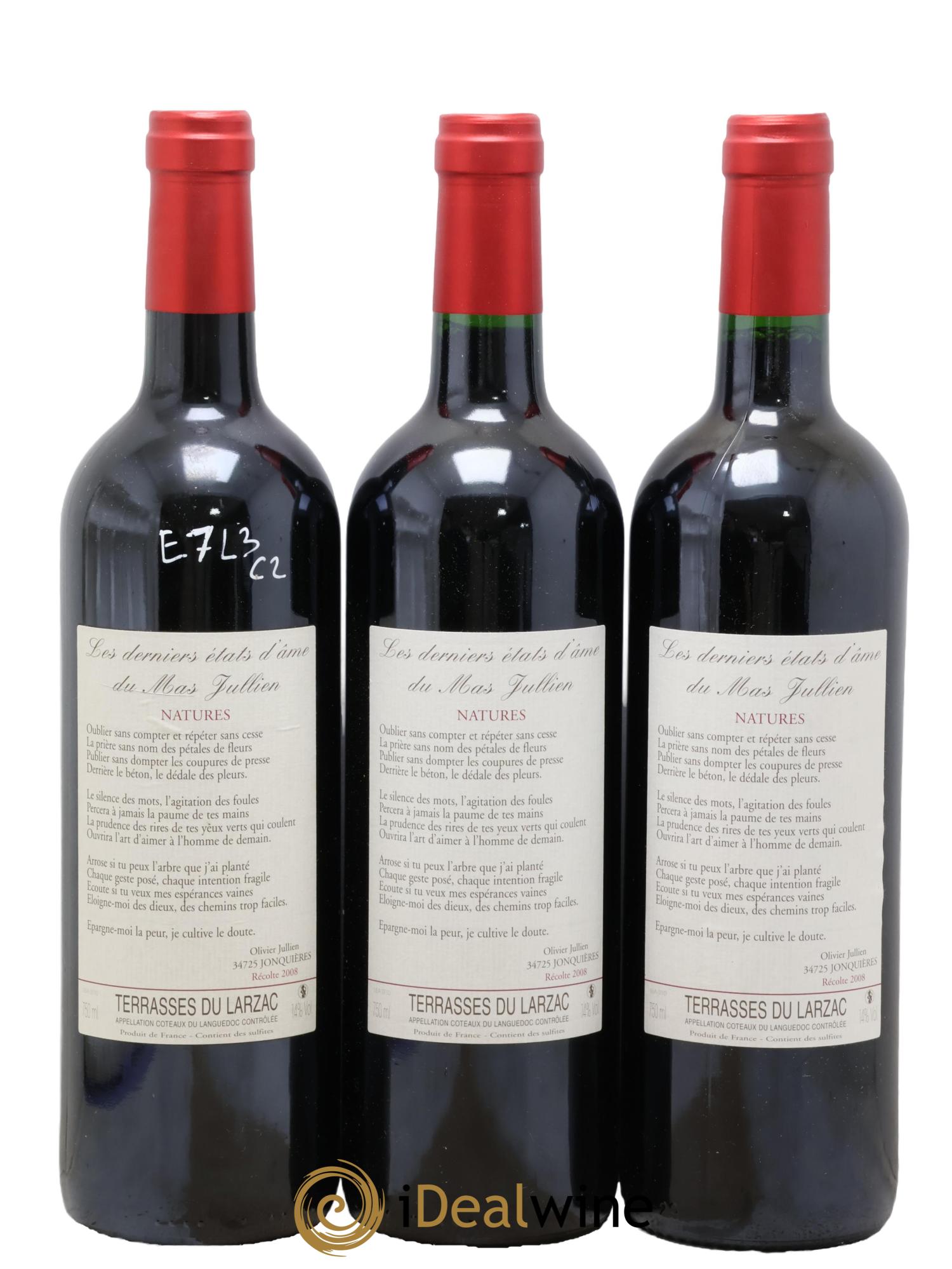 Terrasses du Larzac Mas Jullien Les Etats d'Ame du Mas Jullien Olivier Jullien 2008 - Lot de 3 bouteilles - 0