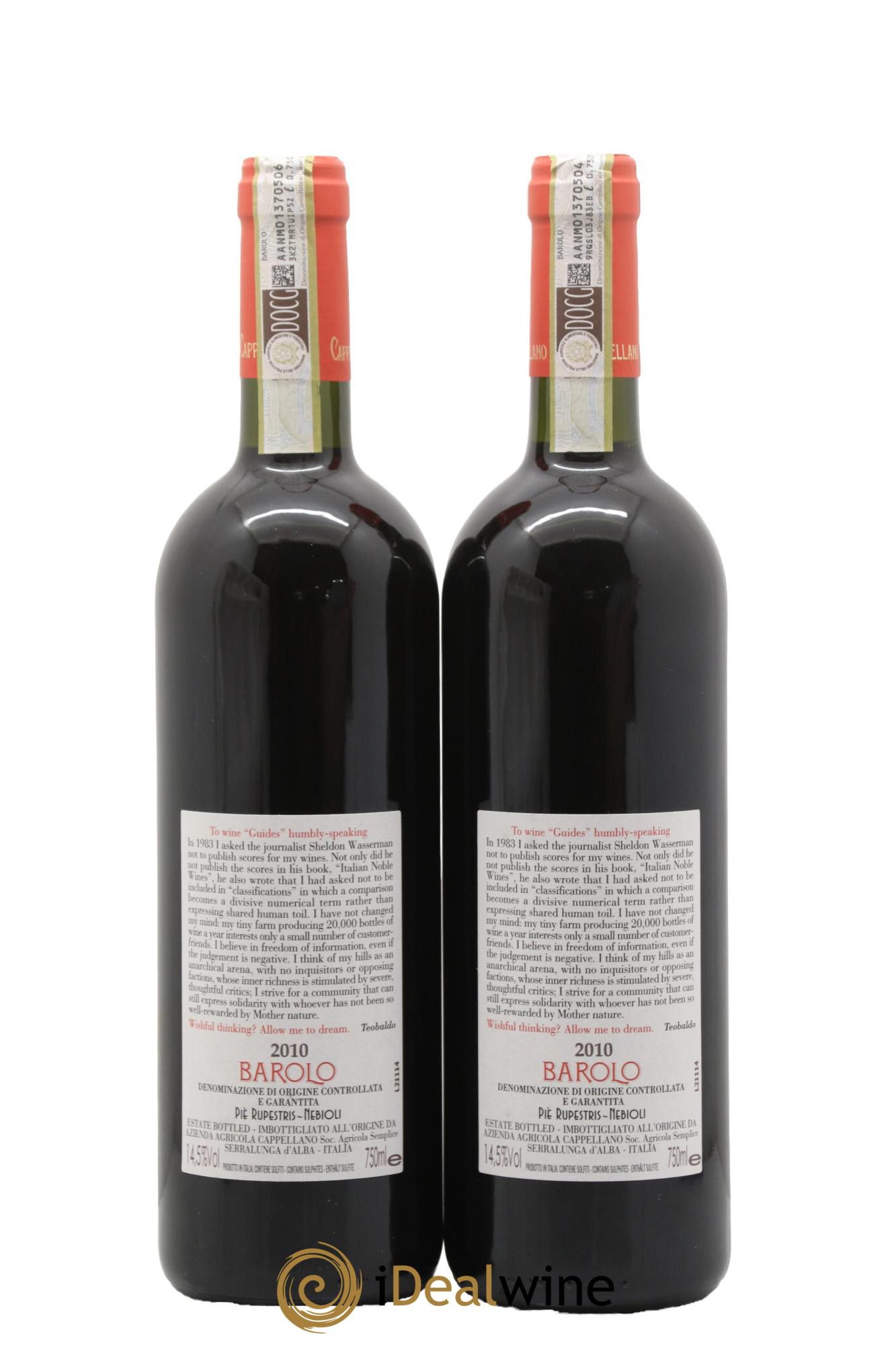 Barolo DOCG Pie Rupestris Cappellano 2010 - Lot of 2 bottles - 1
