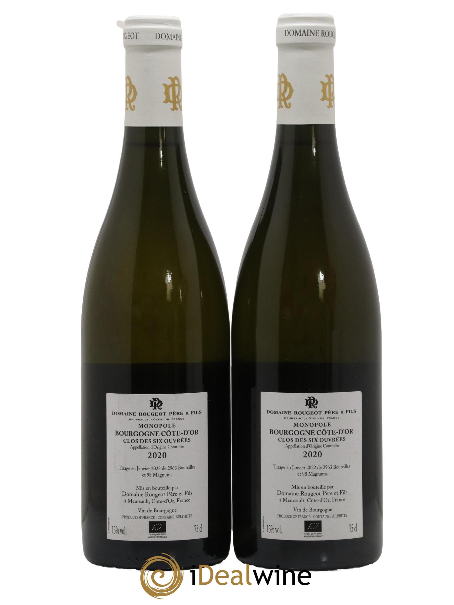 Bourgogne Clos des six ouvrées Rougeot Père et Fils  2020 - Lot of 2 bottles - 1
