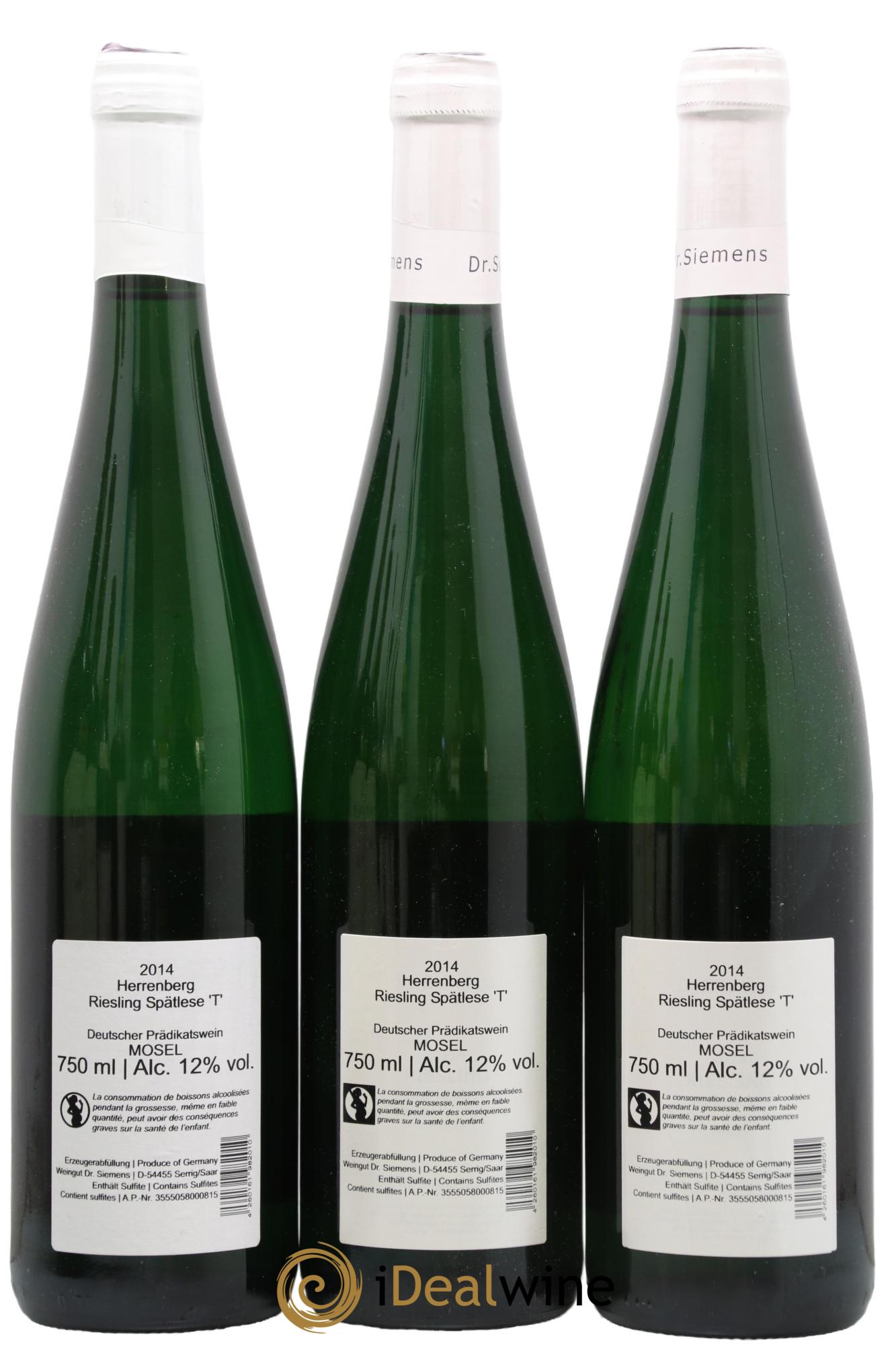 Allemagne Mosel-Saar Riesling Spatlese T Herrenberg Dr Siemens 2014 - Posten von 3 Flaschen - 1