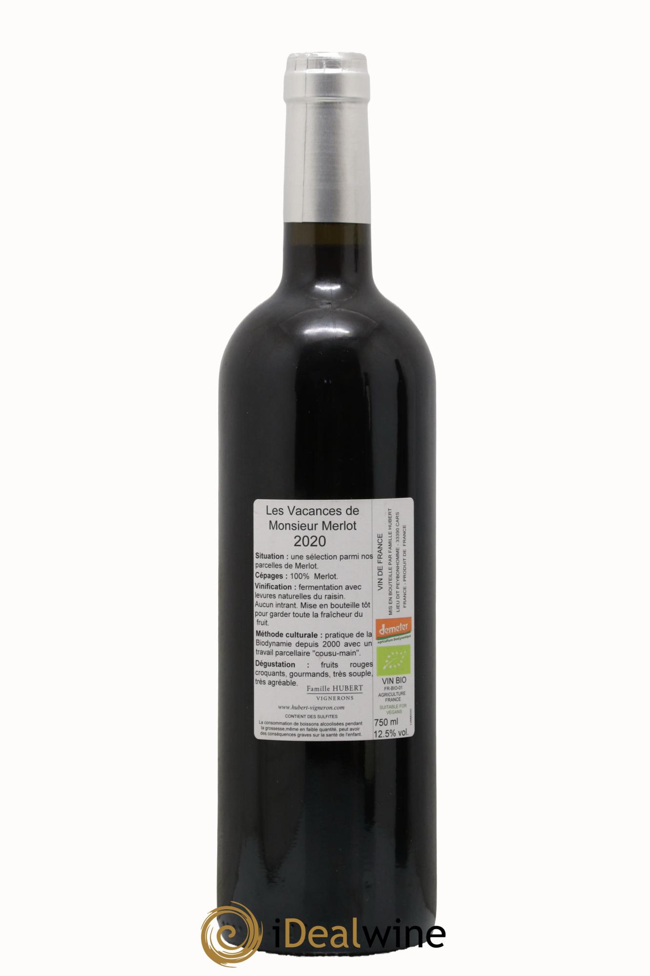Vin de France Les Vacances de Monsieur Merlot Hubert Vignerons 2020 - Lot de 1 bouteille - 1