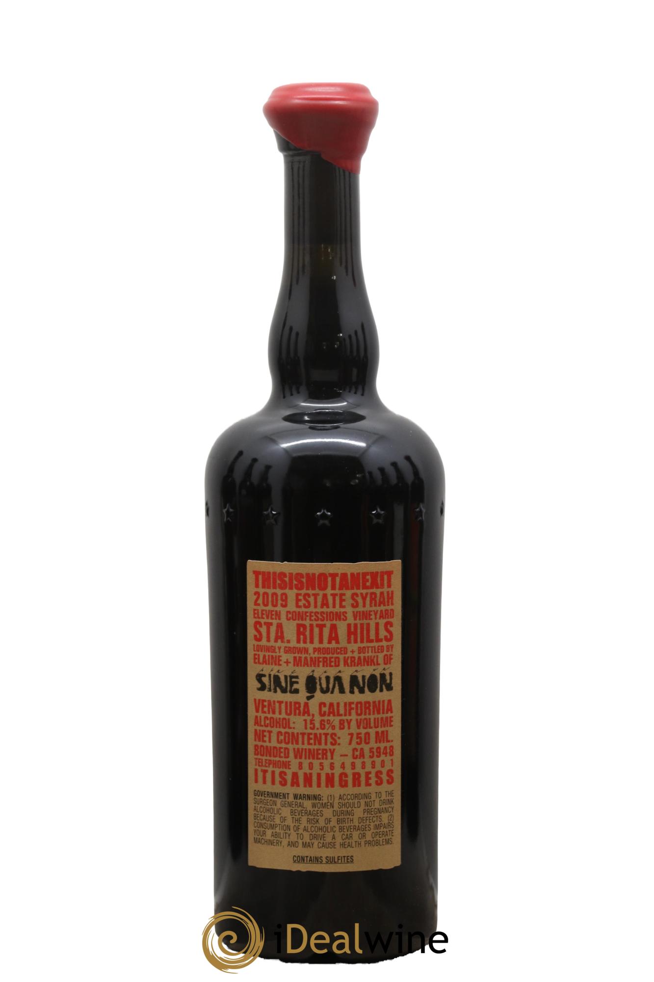 USA Santa Rita Hills Eleven Confessions This is Not An Exit Syrah Sine Qua Non 2009 - Lot de 1 bouteille - 1