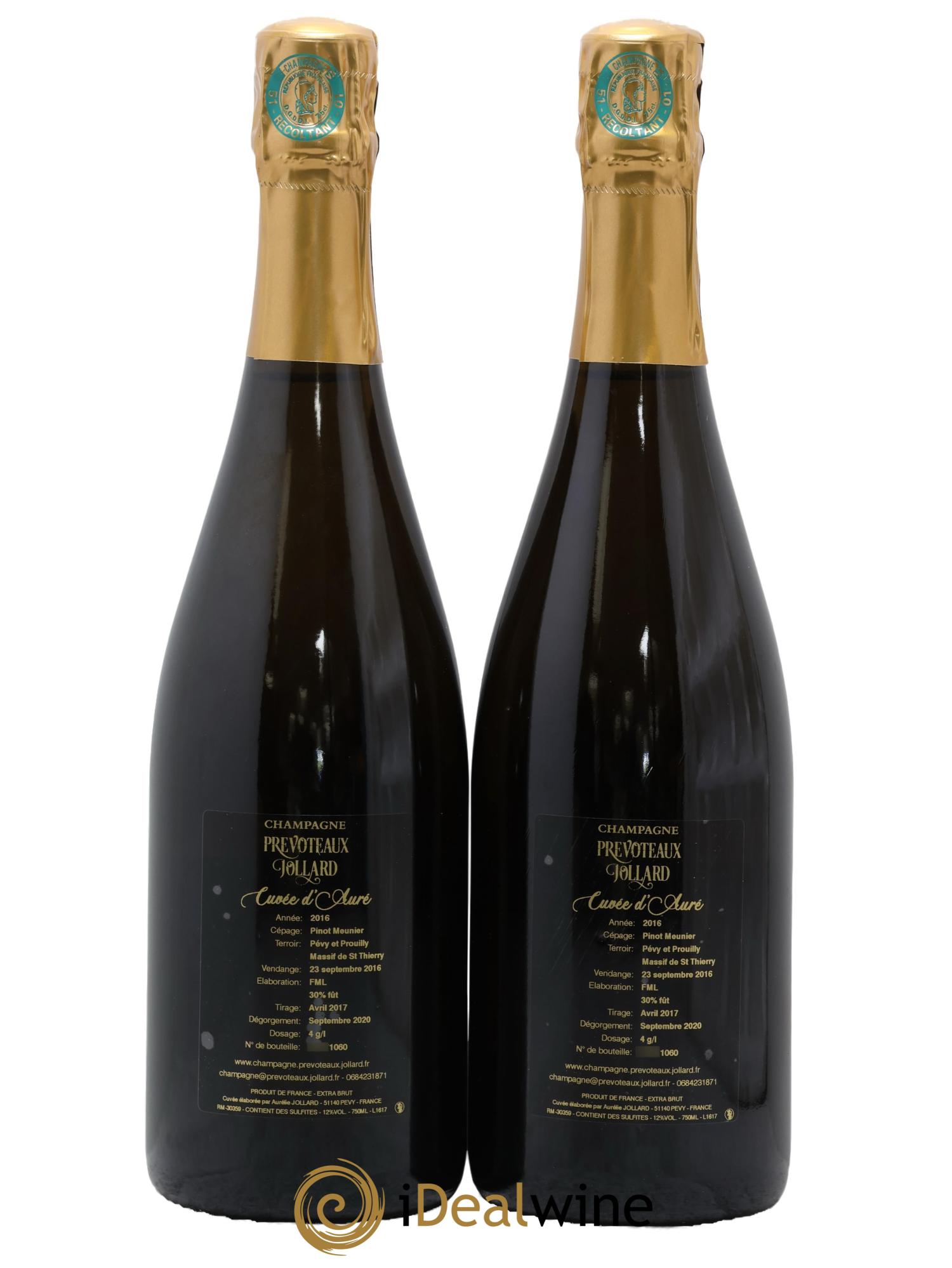 Champagne Cuvée d'Aure Prévoteaux Jollard 2016 - Lot of 2 bottles - 1