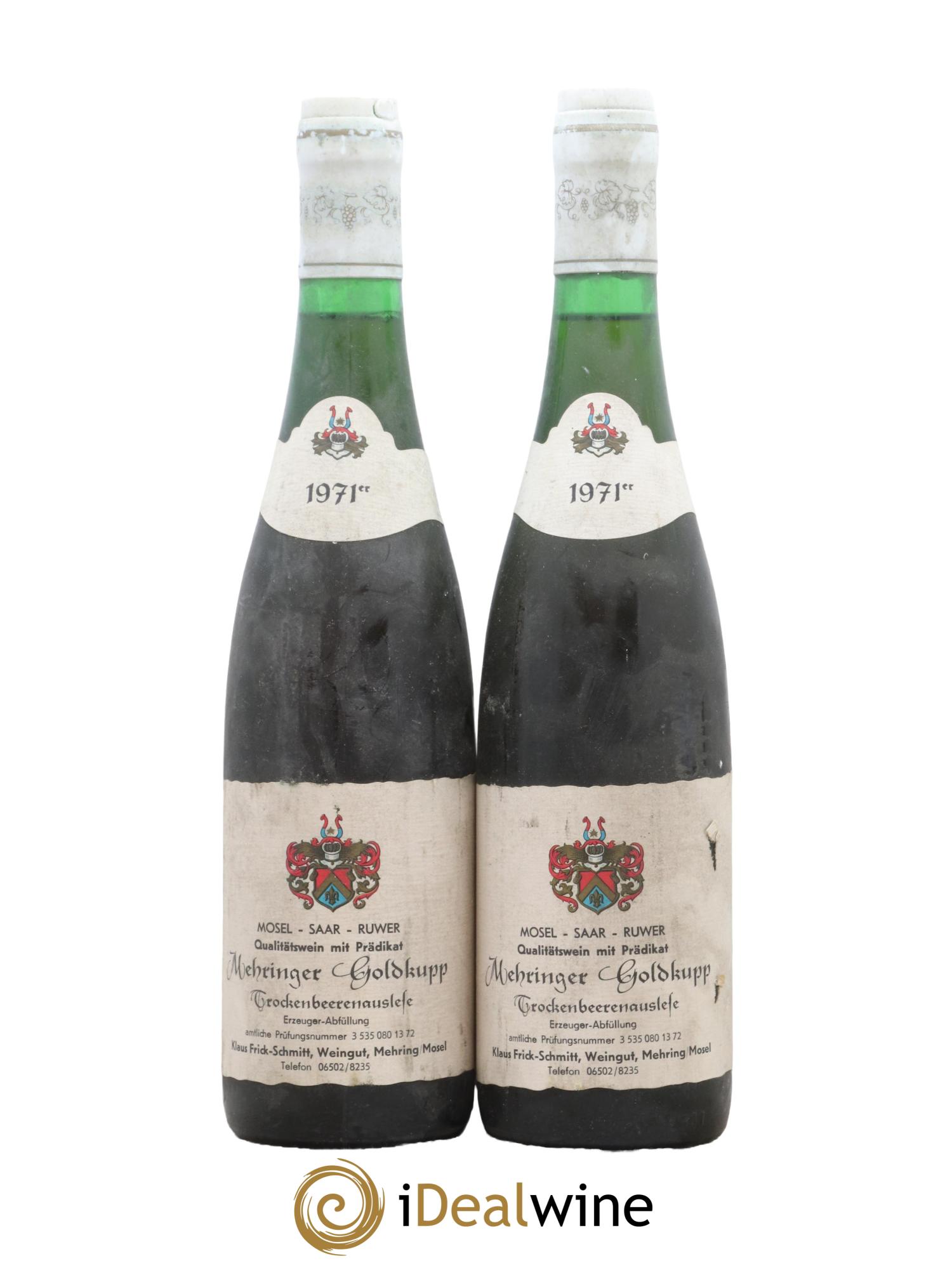 Allemagne Mosel-Saar Trockenbeerenauslese Mehringer Goldkupp Weingut Frick Schmitt 1971 - Lot de 2 bouteilles - 0