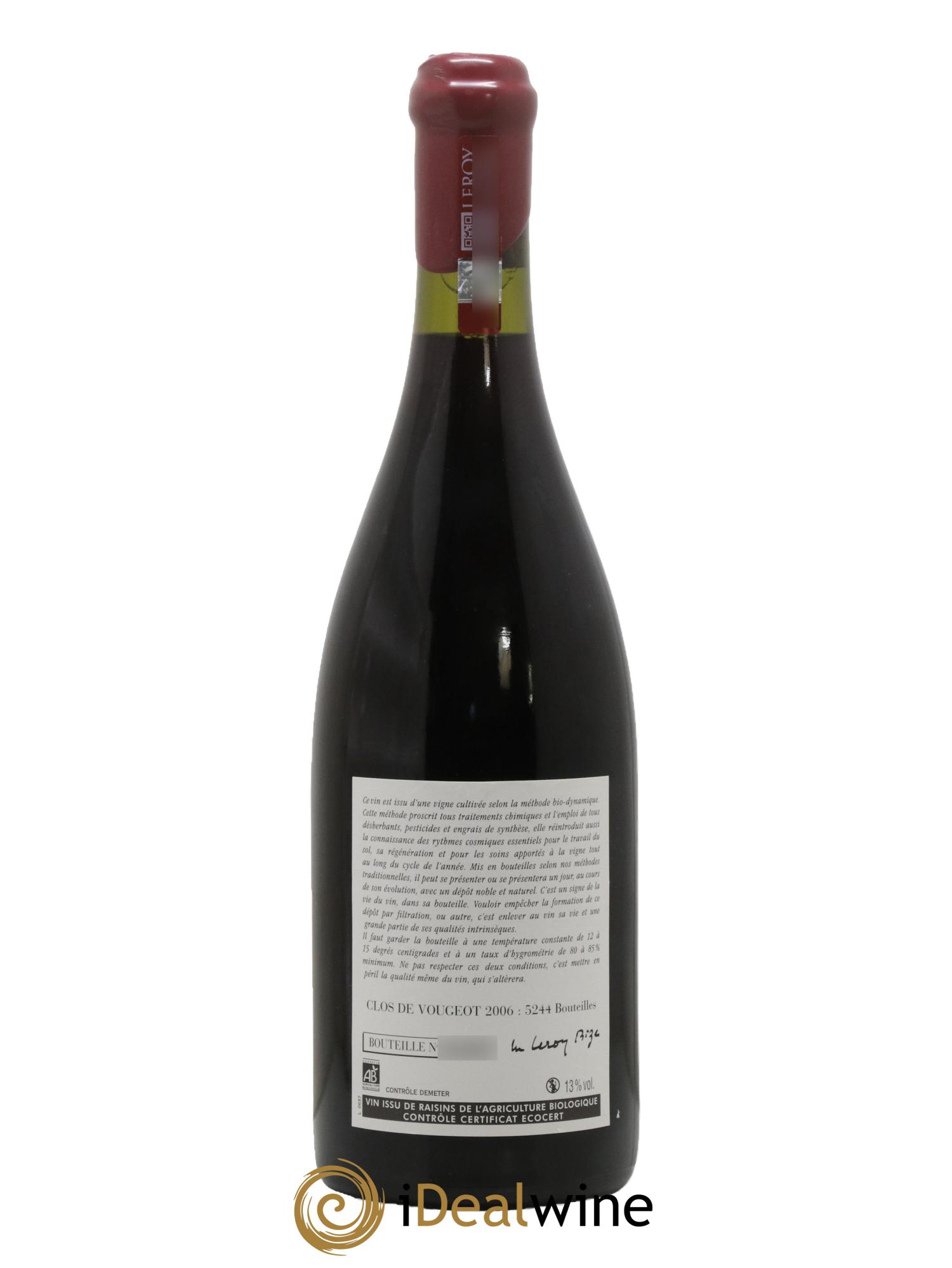 Clos de Vougeot Grand Cru Leroy (Domaine) 2006 - Lot de 1 bouteille - 1