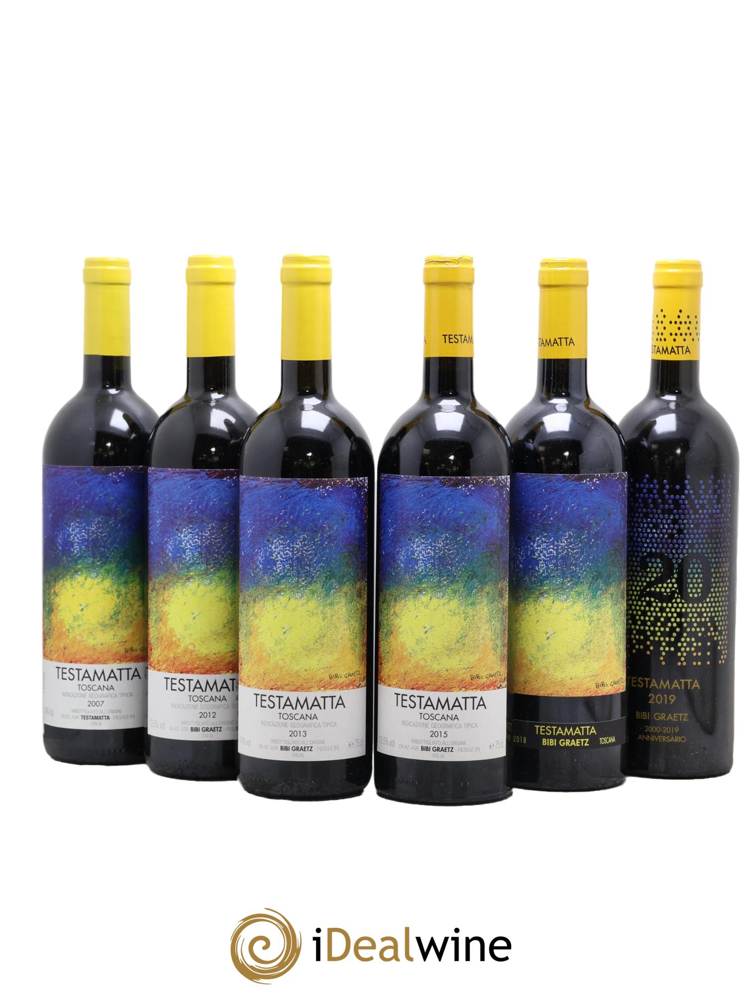 Italie Caisse Panachée Verticale Anniversario Bibi Graetz Toscane Testamatta 2007 2012 2013 2015 2018 2019 - Lot de 6 bouteilles - 0