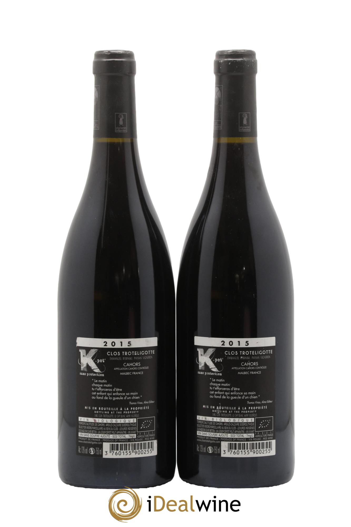 Cahors Clos Troteligotte K-Pot 2015 - Lot of 2 bottles - 1