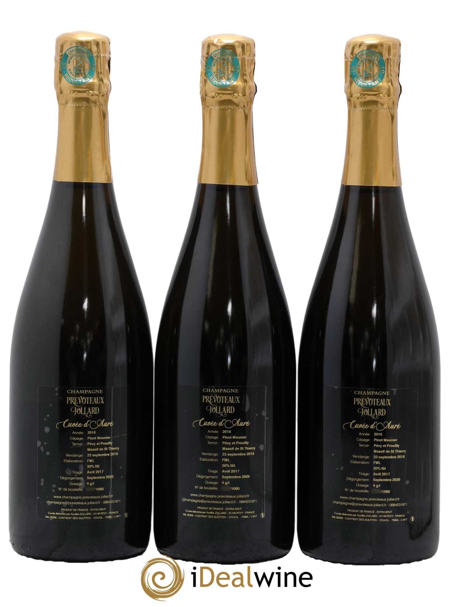 Champagne Cuvée d'Aure Prévoteaux Jollard 2016 - Lot of 3 bottles - 1