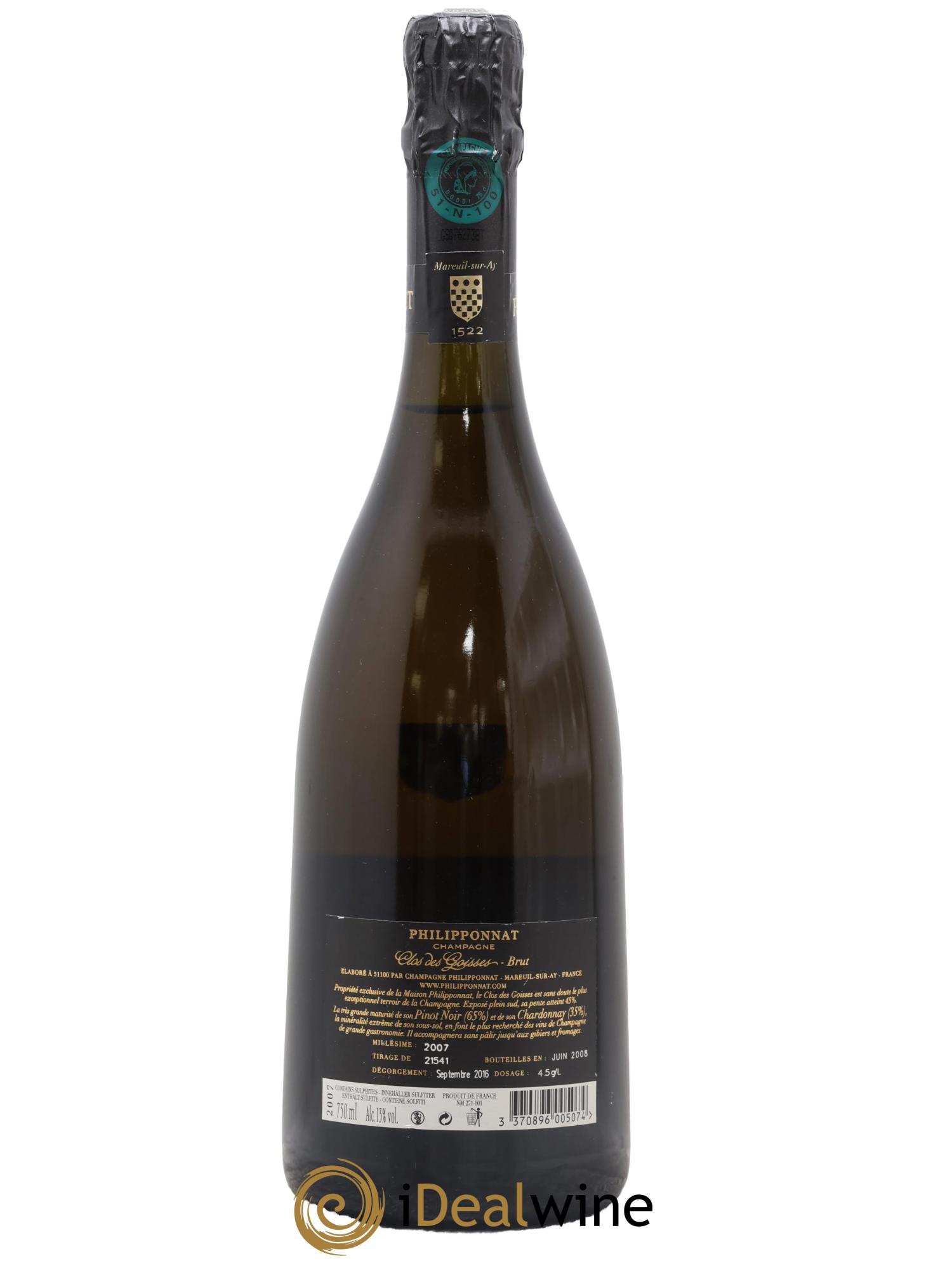 Clos des Goisses Philipponnat 2007 - Posten von 1 Flasche - 1