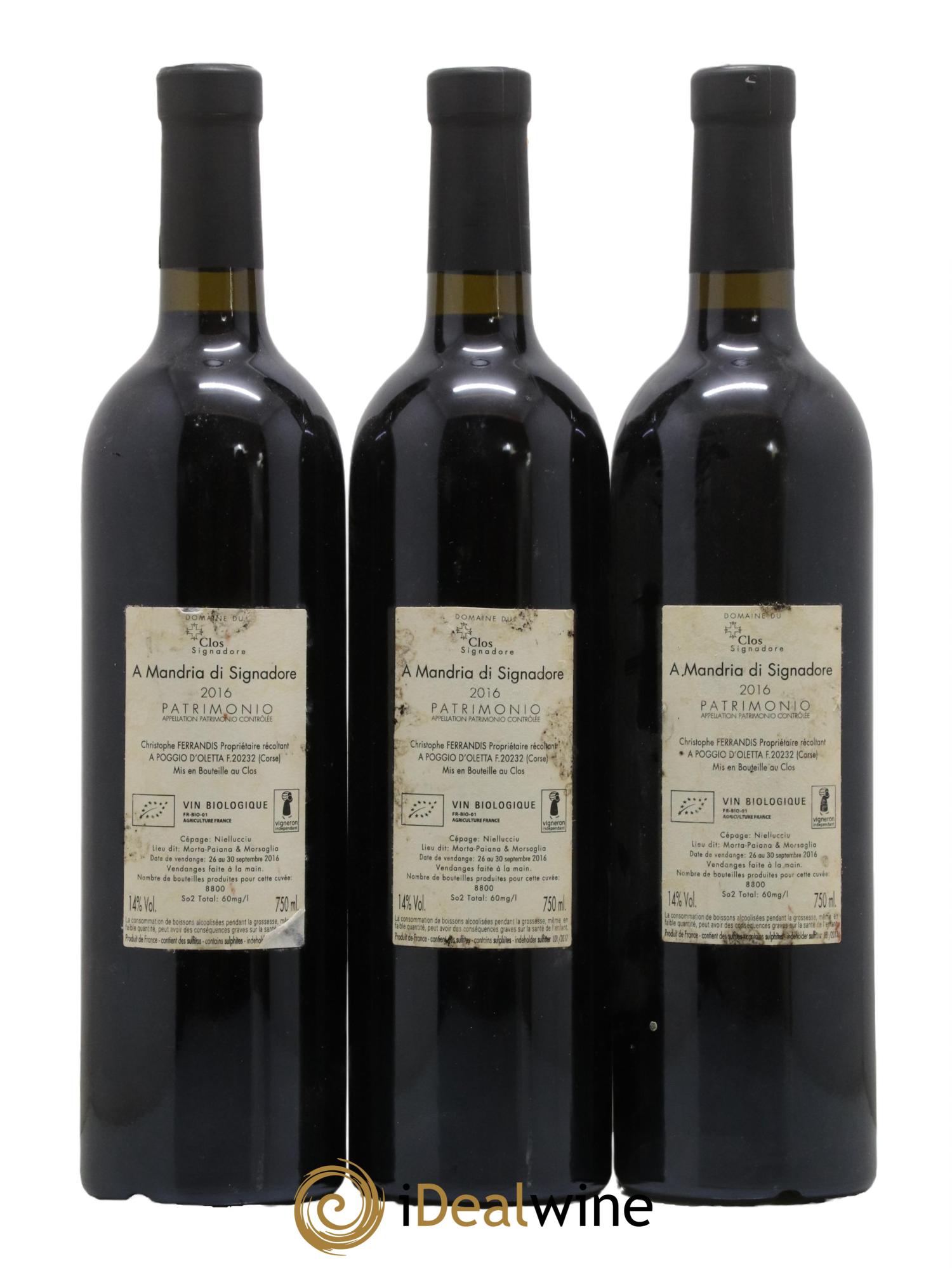 Patrimonio Clos Signadore A Mandria Christophe Ferrandis 2016 - Lot de 3 bouteilles - 1