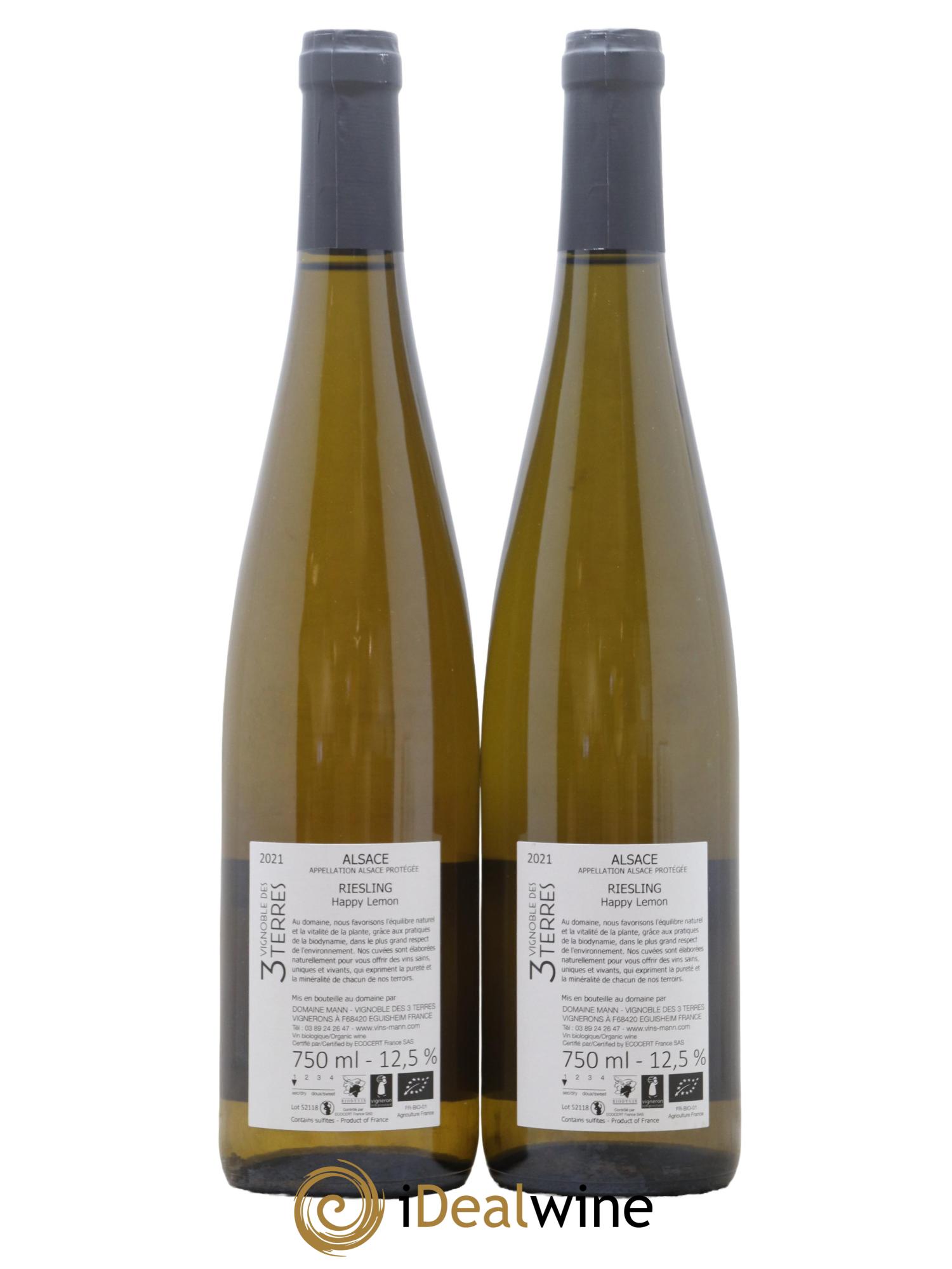 Alsace Riesling Happy Lemon Vignoble Des 3 Terres Domaine Mann 2021 - Lot de 2 bouteilles - 1