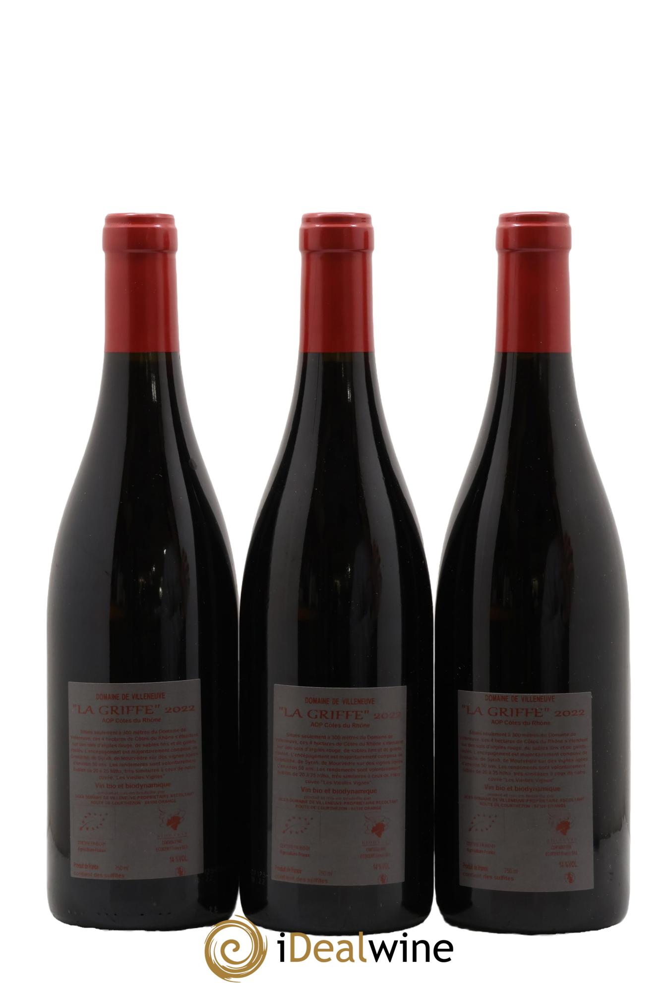 Côtes-du-Rhône La Griffe Domaine de Villeneuve 2022 - Lote de 3 botellas - 1