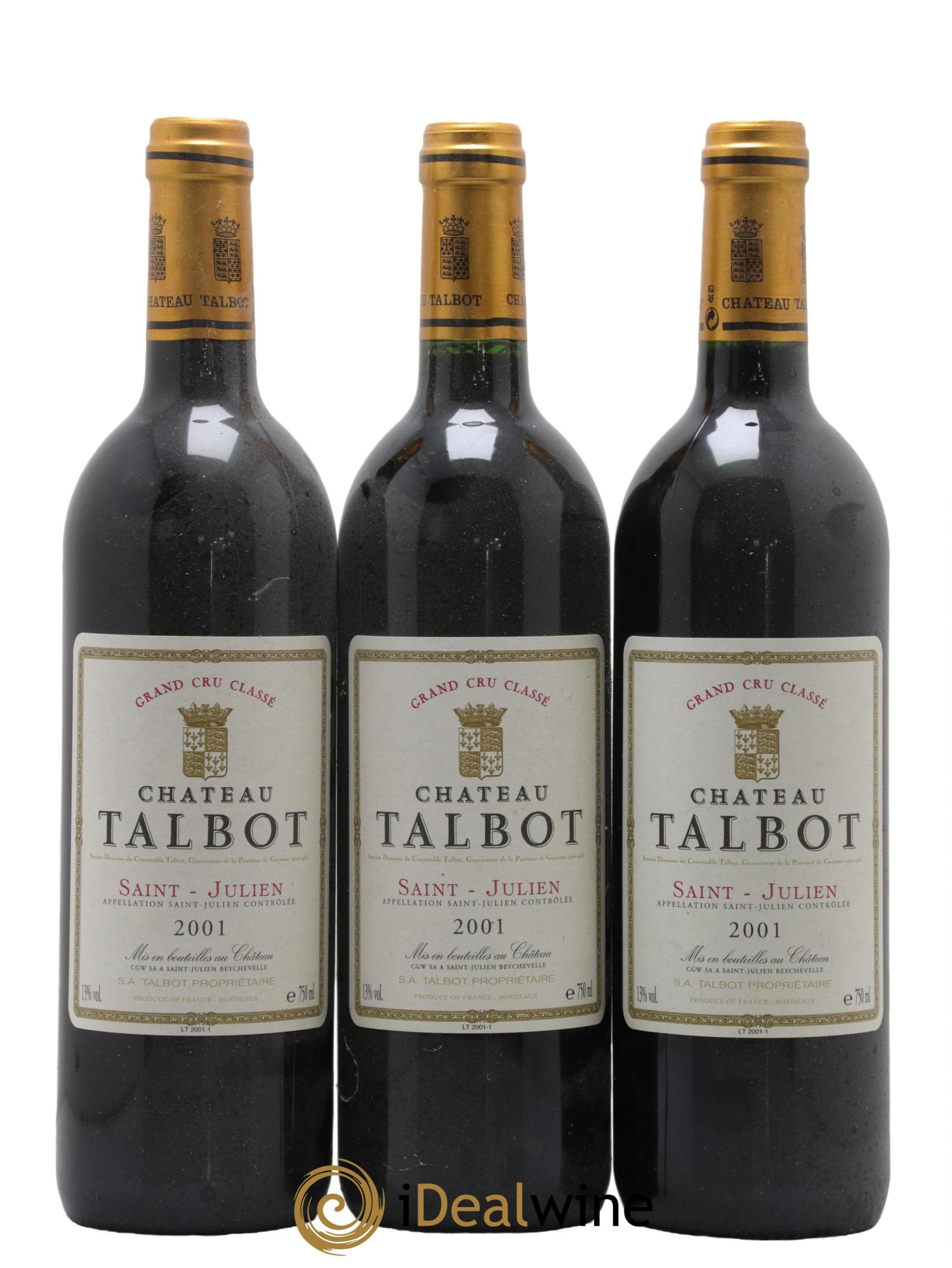 Château Talbot 4ème Grand Cru Classé 2001 - Lot de 3 bouteilles - 0
