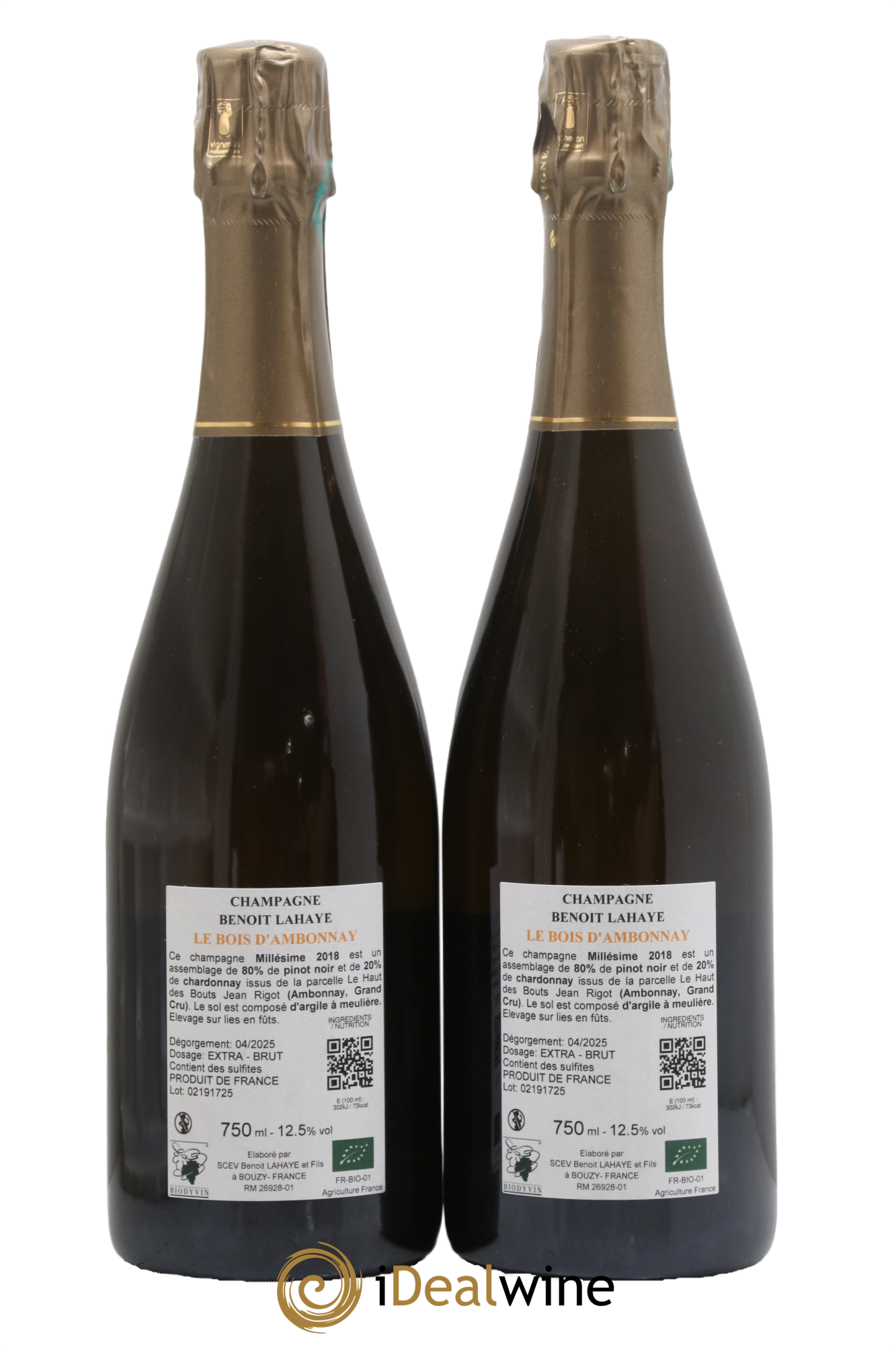 Champagne Grand Cru Le Bois d'Ambonnay (parcellaire millésime 2018) Benoît Lahaye 2018 - Lot de 2 bouteilles - 1