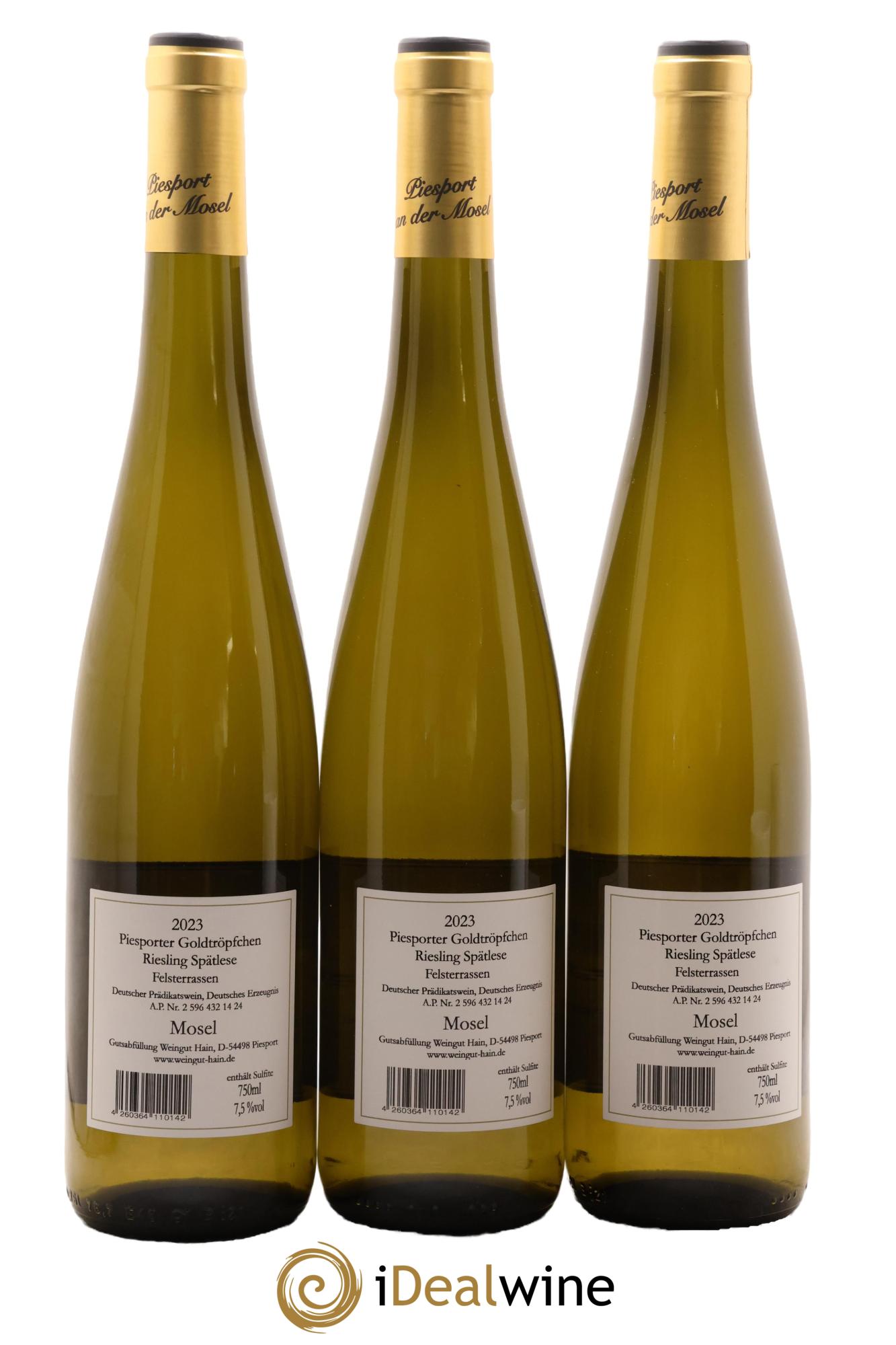 Allemagne Mosel-Saar Piesporter Goldtropfchen Riesling Spatlese Felsterrassen Kurt Hain 2023 - Lot de 3 bouteilles - 1