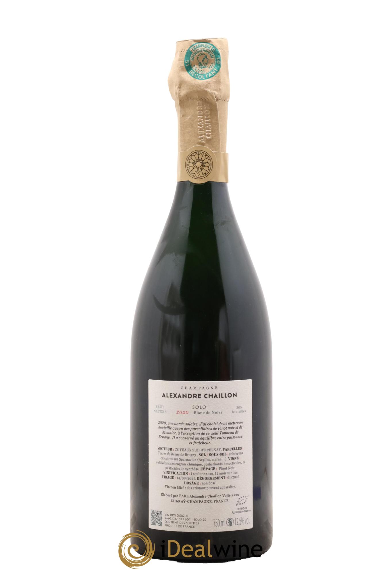 Champagne Blanc de Noirs Solo Brut Nature Alexandre Chaillon 2020 - Lot de 1 bouteille - 1