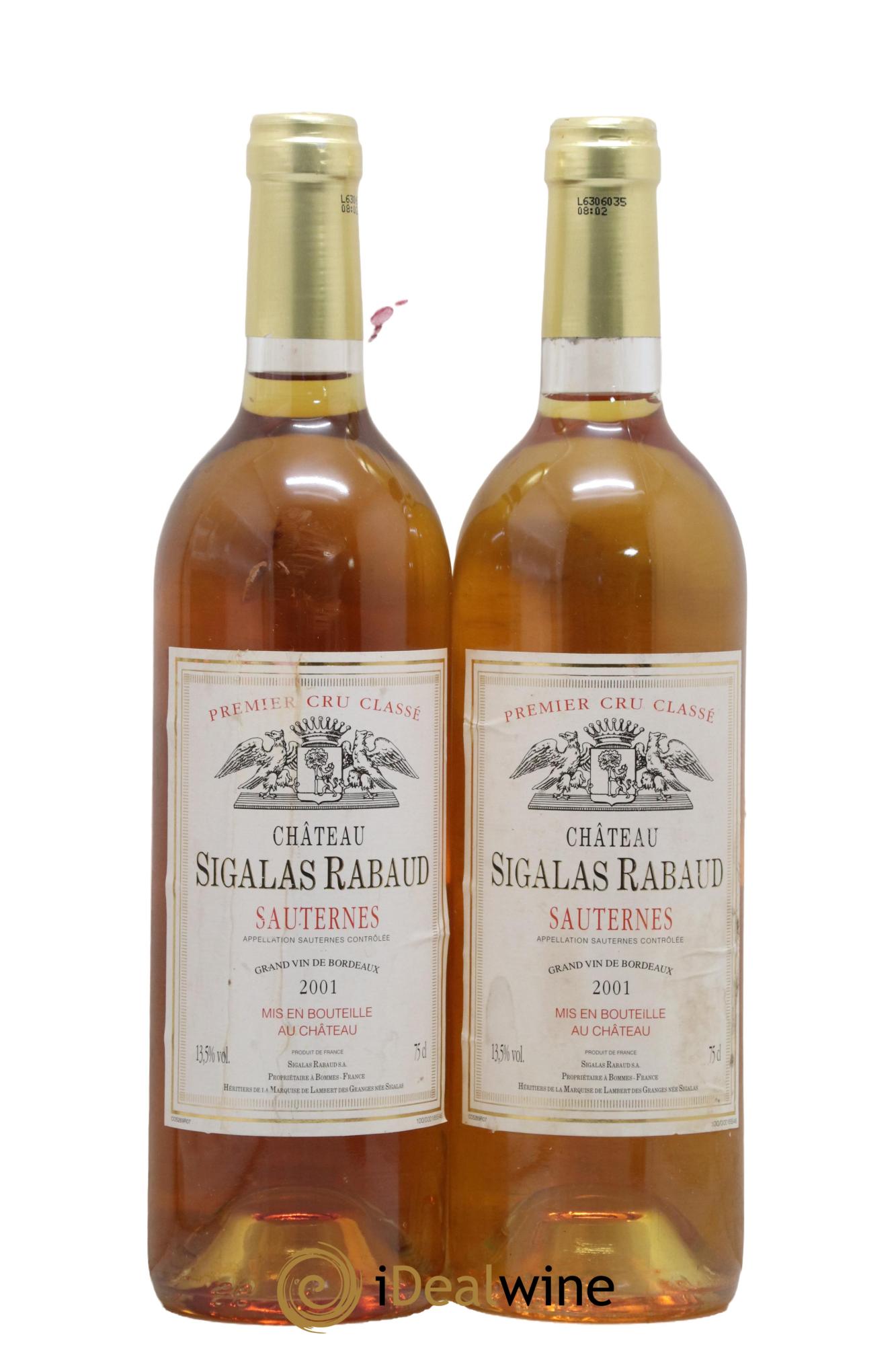 Château Sigalas Rabaud 1er Grand Cru Classé 2001 - Lot de 2 bouteilles - 0