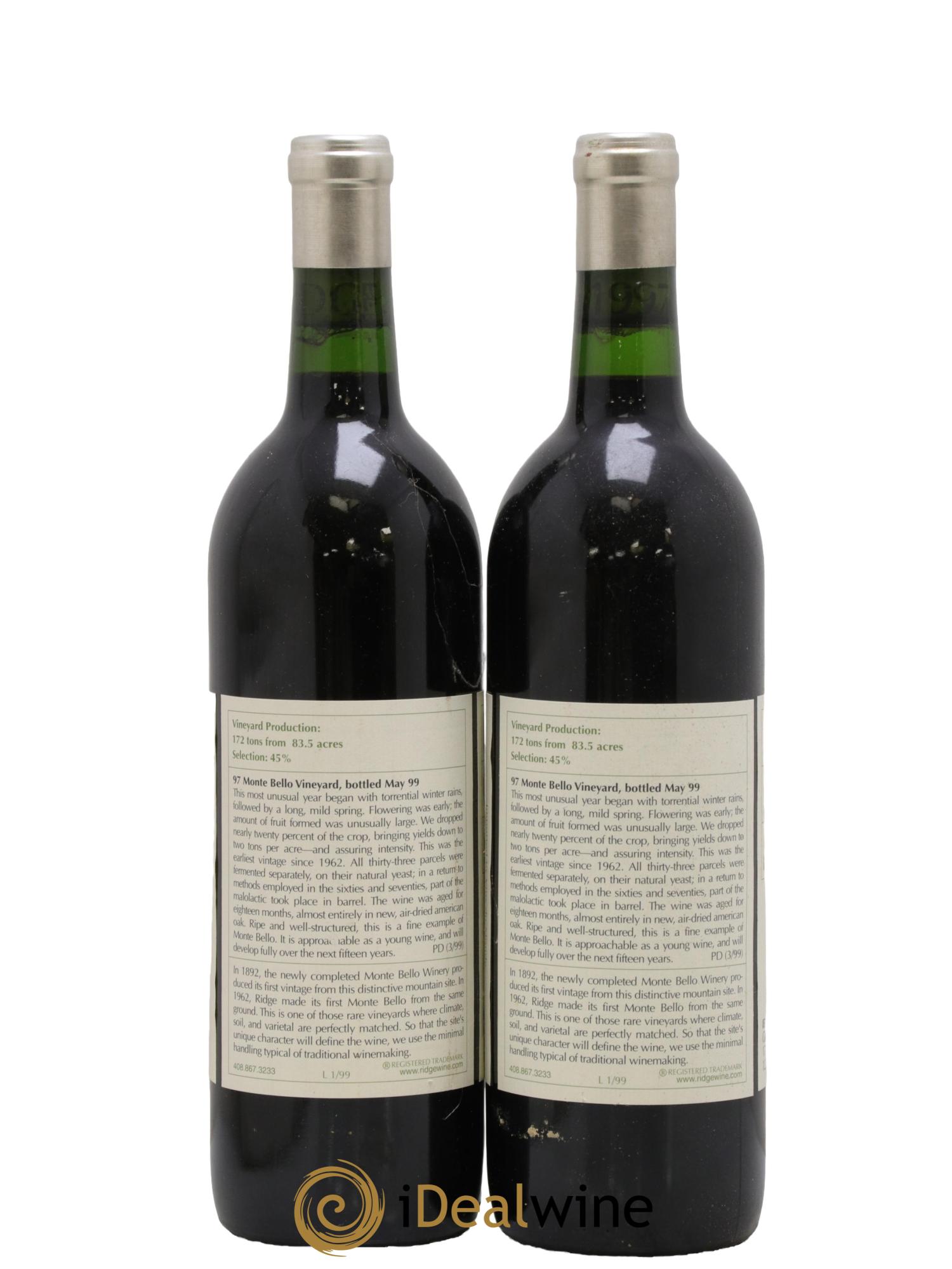 Santa Cruz Mountains Monte Bello Ridge Vineyards 1997 - Lot de 2 bouteilles - 1