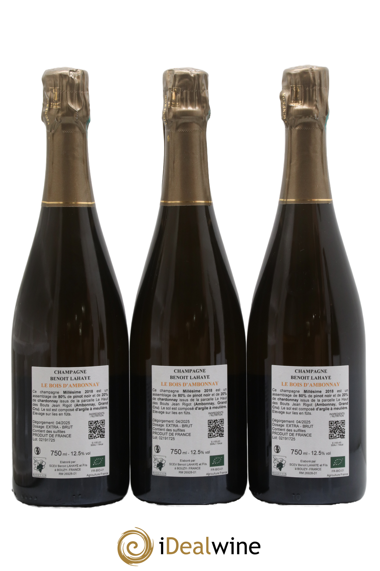 Champagne Grand Cru Le Bois d'Ambonnay (parcellaire millésime 2018) Benoît Lahaye 2018 - Lot de 3 bouteilles - 1