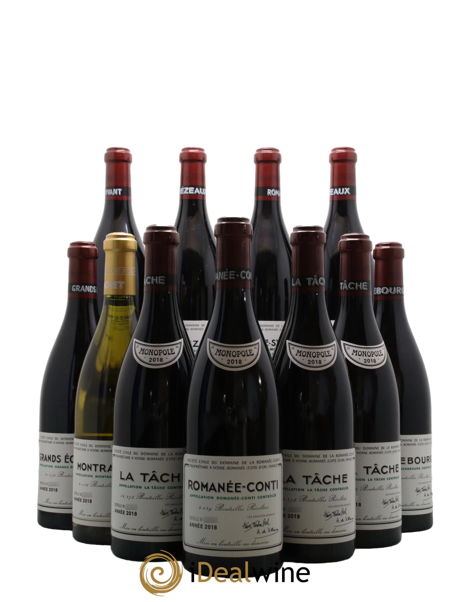 Assortiment 2018 du Domaine de la Romanée-Conti Domaine de la Romanée-Conti 2 Echezeaux, 1 Grands Echezeaux,1 Montrachet, 3 La Tâche, 1 Richebourg, 2 Romanée St Vivant, 1 Romanée Conti 2018 - Lotto di 11 bottiglie - 0