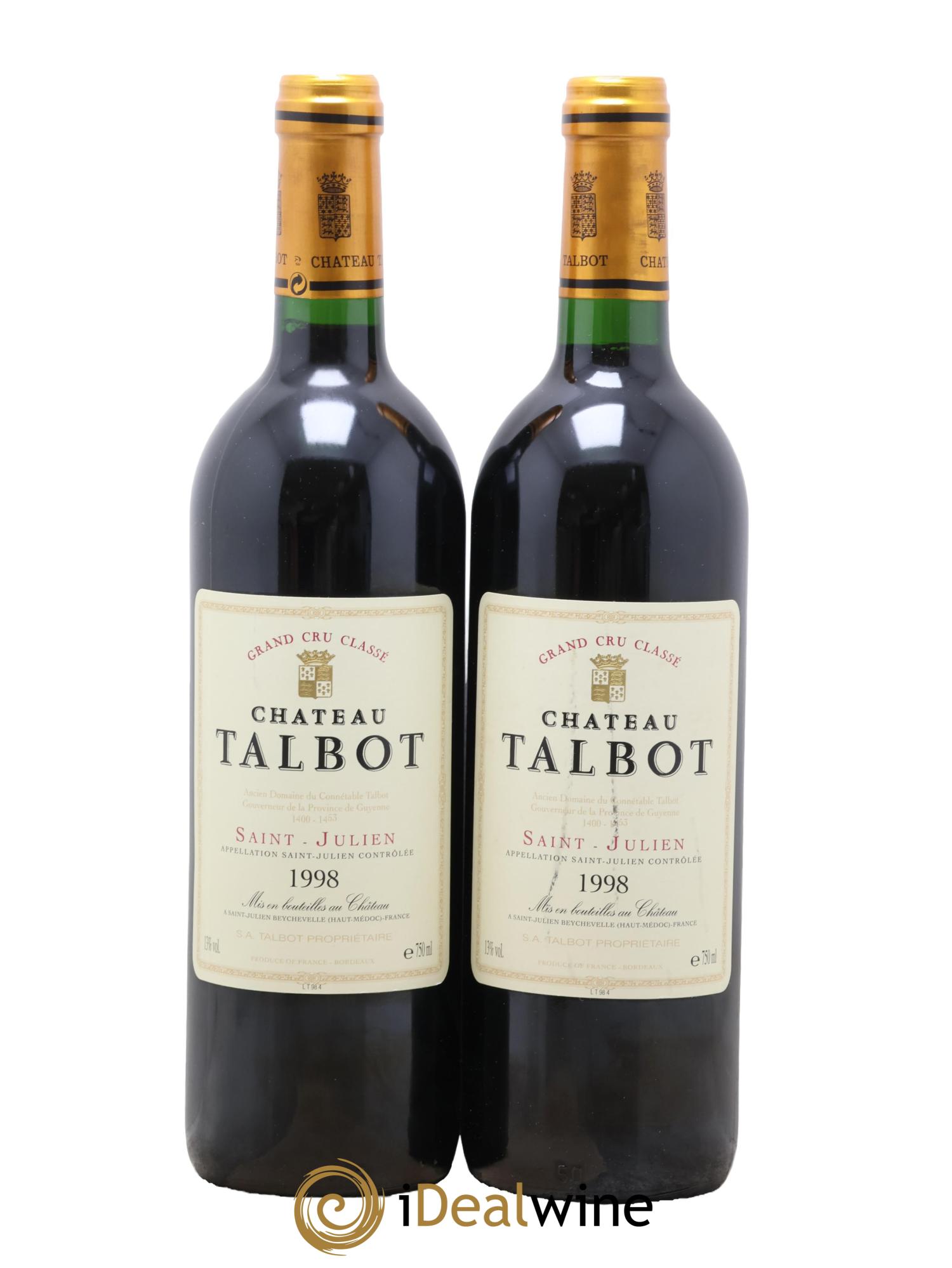 Château Talbot 4ème Grand Cru Classé 1998 - Lotto di 2 bottiglie - 0