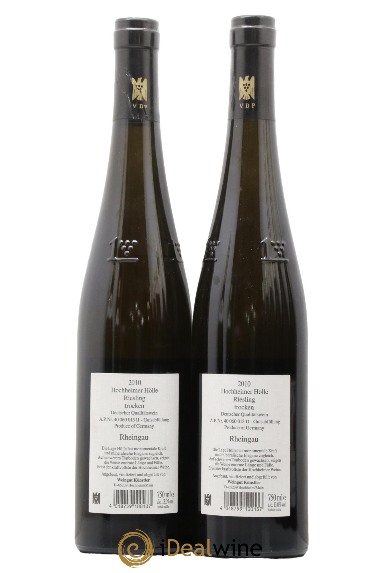 Allemagne Rheingau Riesling Trocken Hochheim Hölle Künstler 2010 - Lot de 2 bouteilles - 1