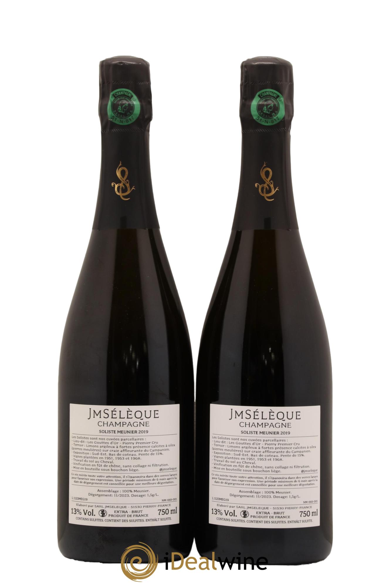 Champagne Extra Brut 1er Cru Soliste Meunier Les Gouttes d Or Jean Marc Seleque 2019 - Lot de 2 bouteilles - 1